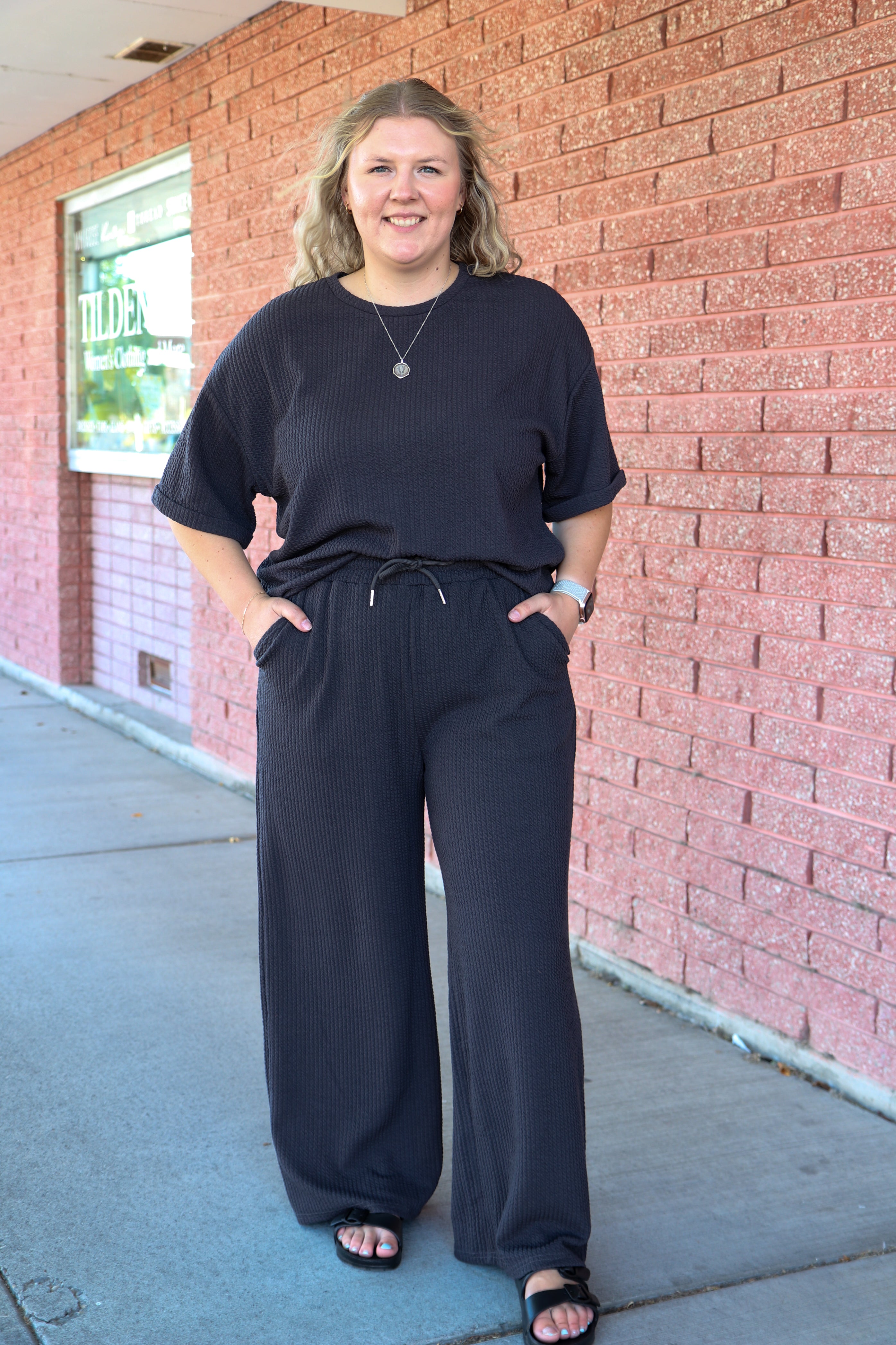 Textured Knit Pant in Rich Charcoal Shirts & Tops Mikarose- Tilden Co.