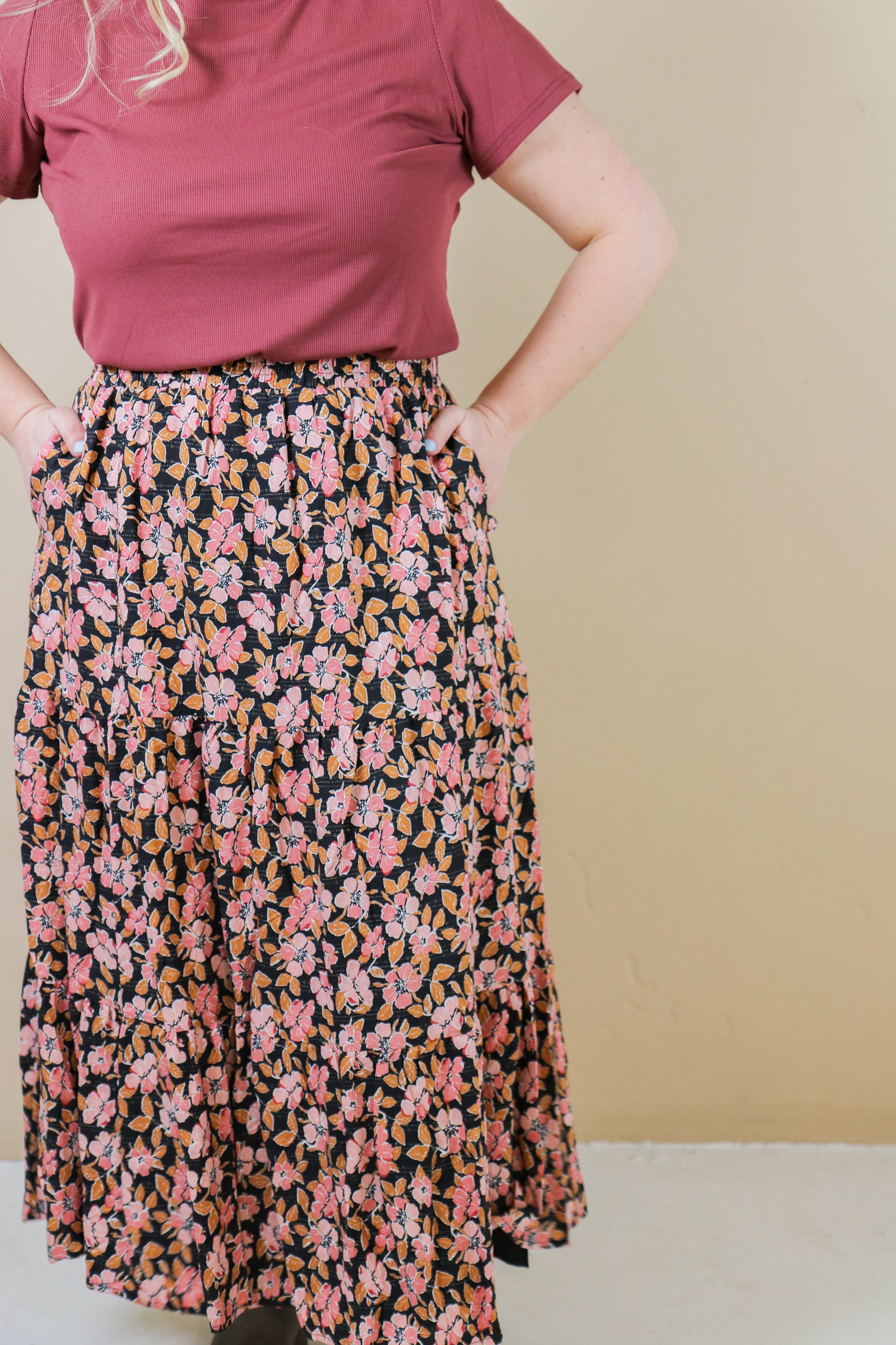 Tiered Maxi Skirt in Persimmon maxi skirt Mikarose- Tilden Co.