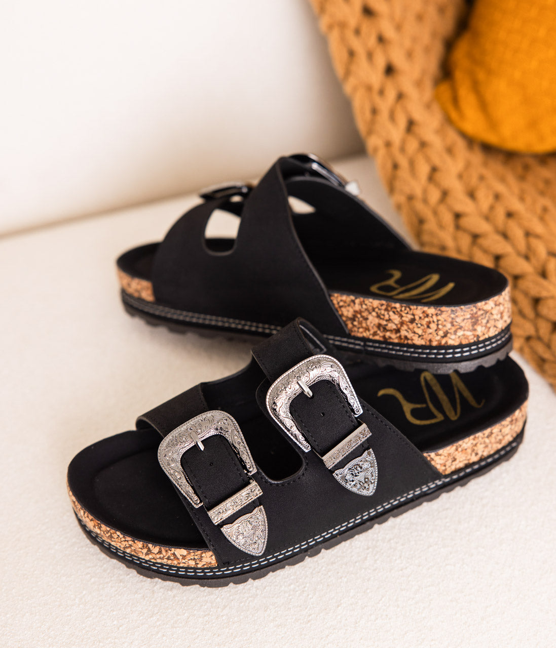 Mickie Western Slides in Black 130 Sandals Naughty Monkey- Tilden Co.