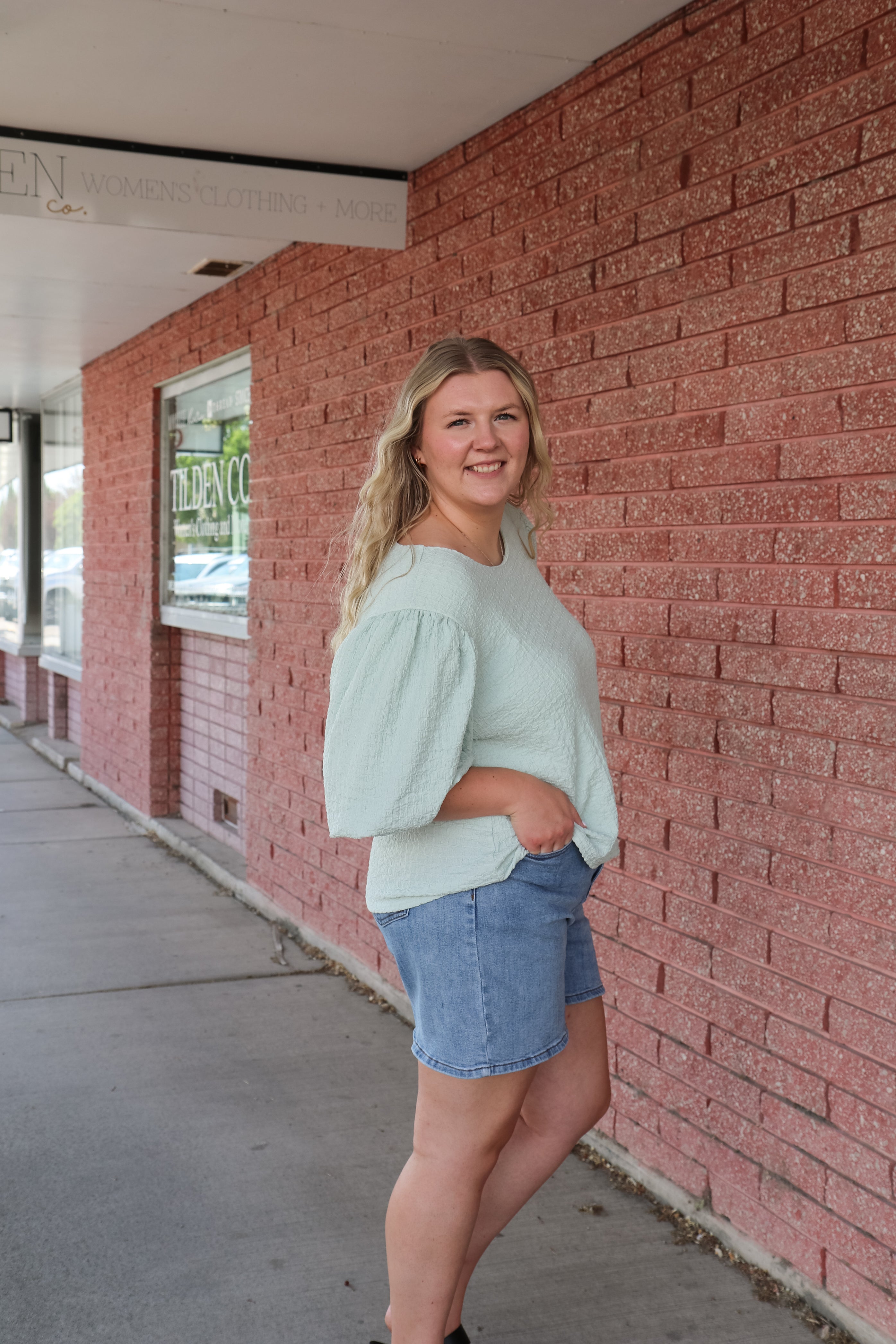 Puff Sleeve Top in Mint Breeze Short Sleeve Top Mikarose- Tilden Co.