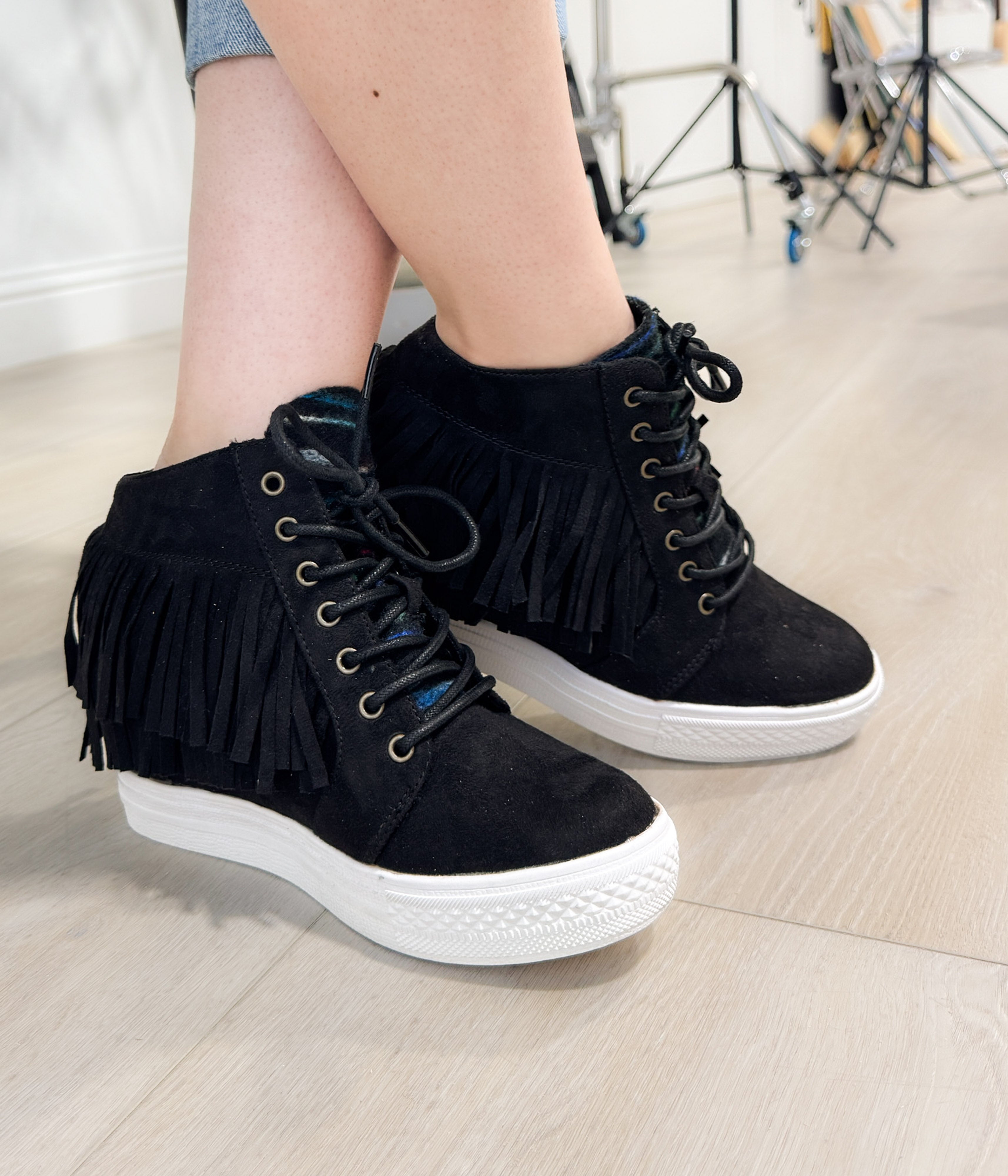 Nick Fringe Sneaker Wedge in Black 120 Sneakers Naughty Monkey- Tilden Co.