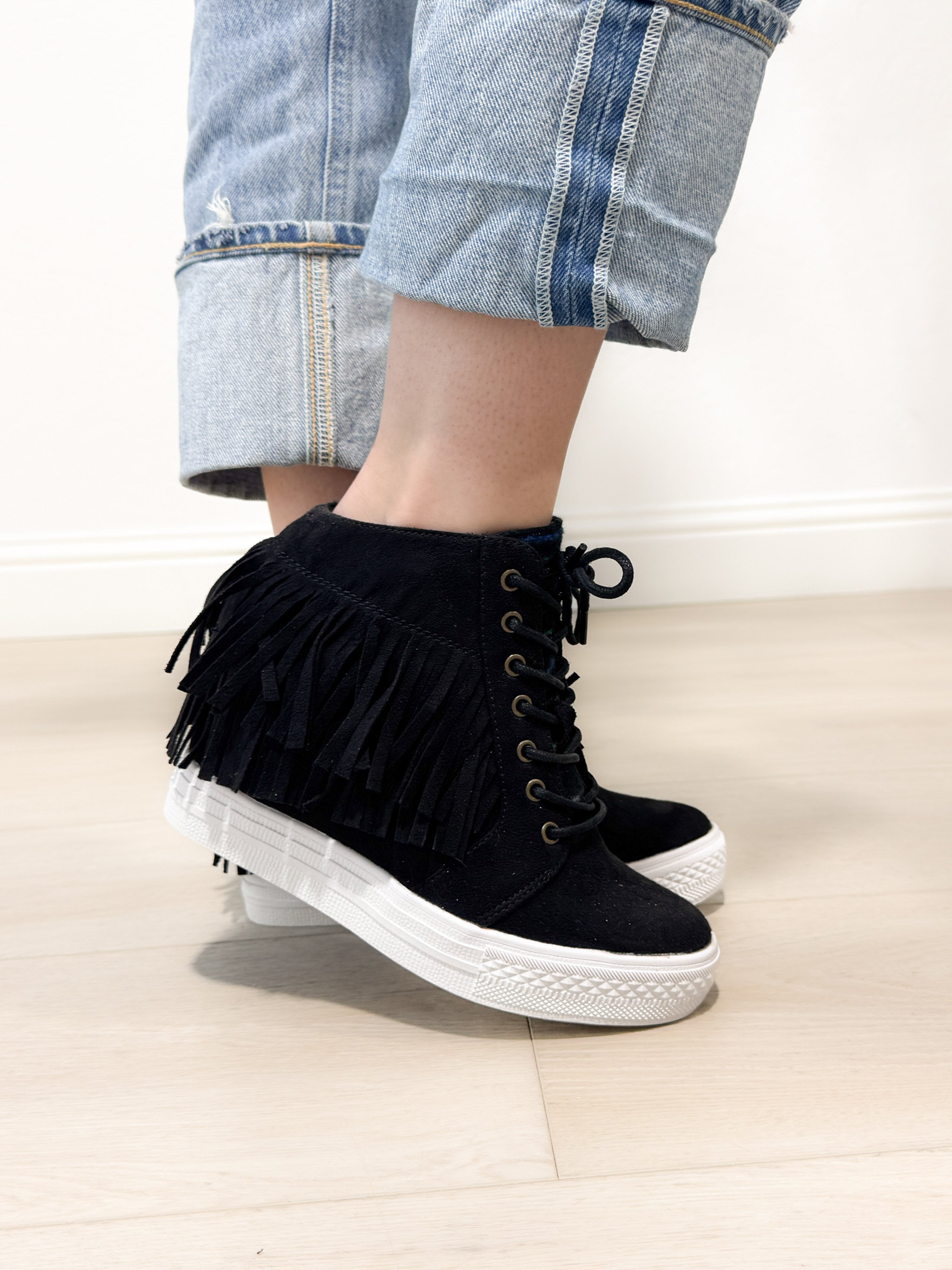 Nick Fringe Sneaker Wedge in Black 120 Sneakers Naughty Monkey- Tilden Co.