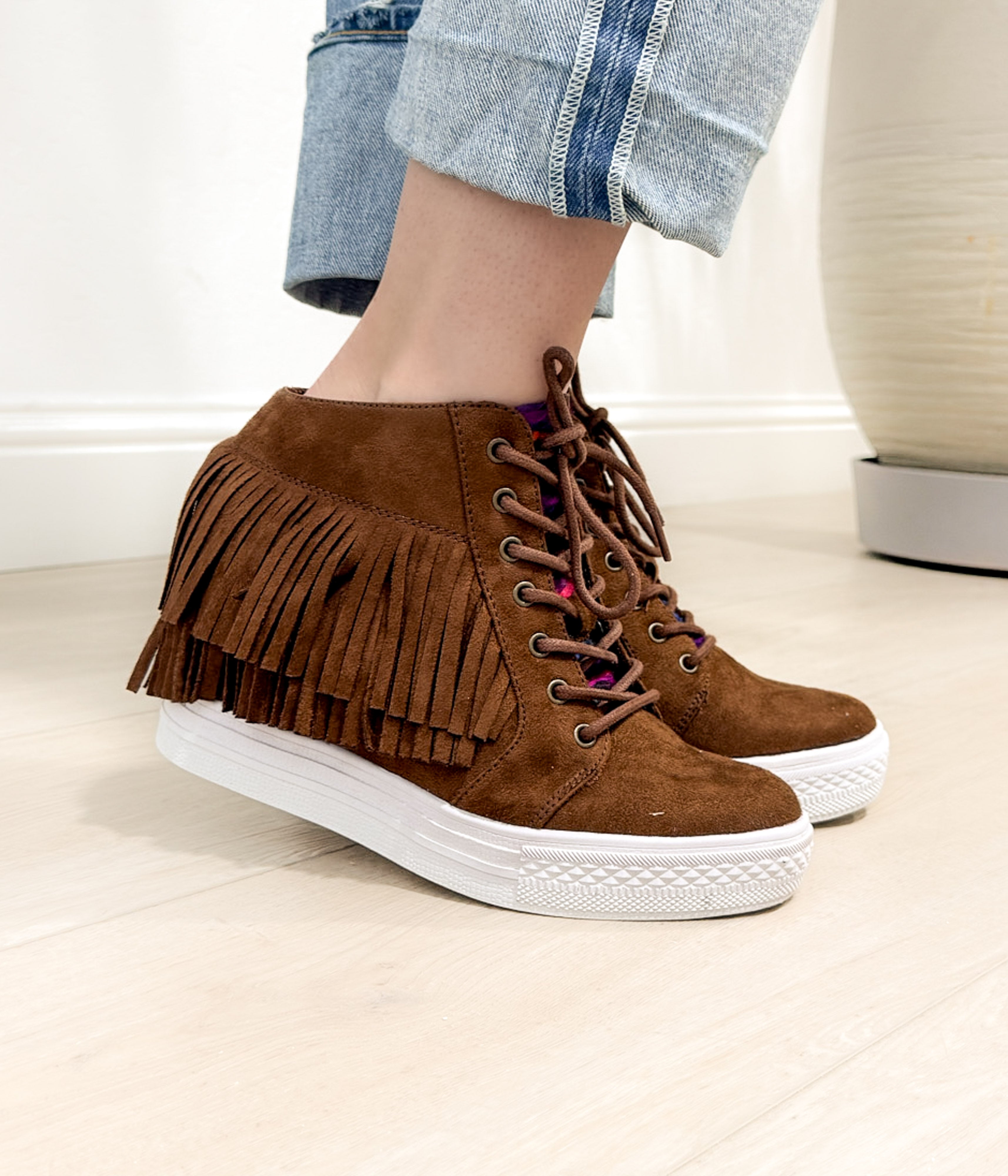 Nick Fringe Sneaker Wedge in Brown 120 Sneakers Naughty Monkey- Tilden Co.