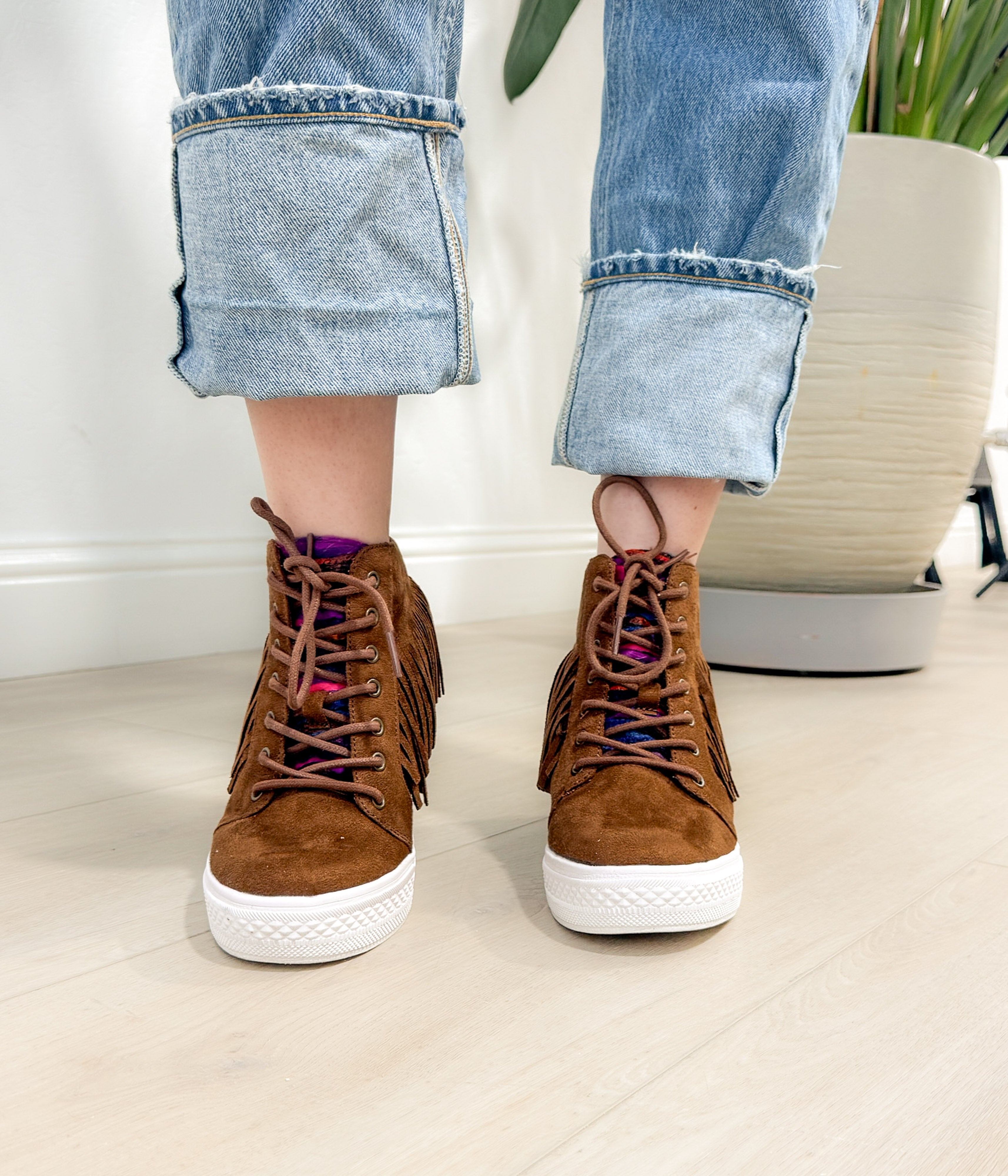 Nick Fringe Sneaker Wedge in Brown 120 Sneakers Naughty Monkey- Tilden Co.