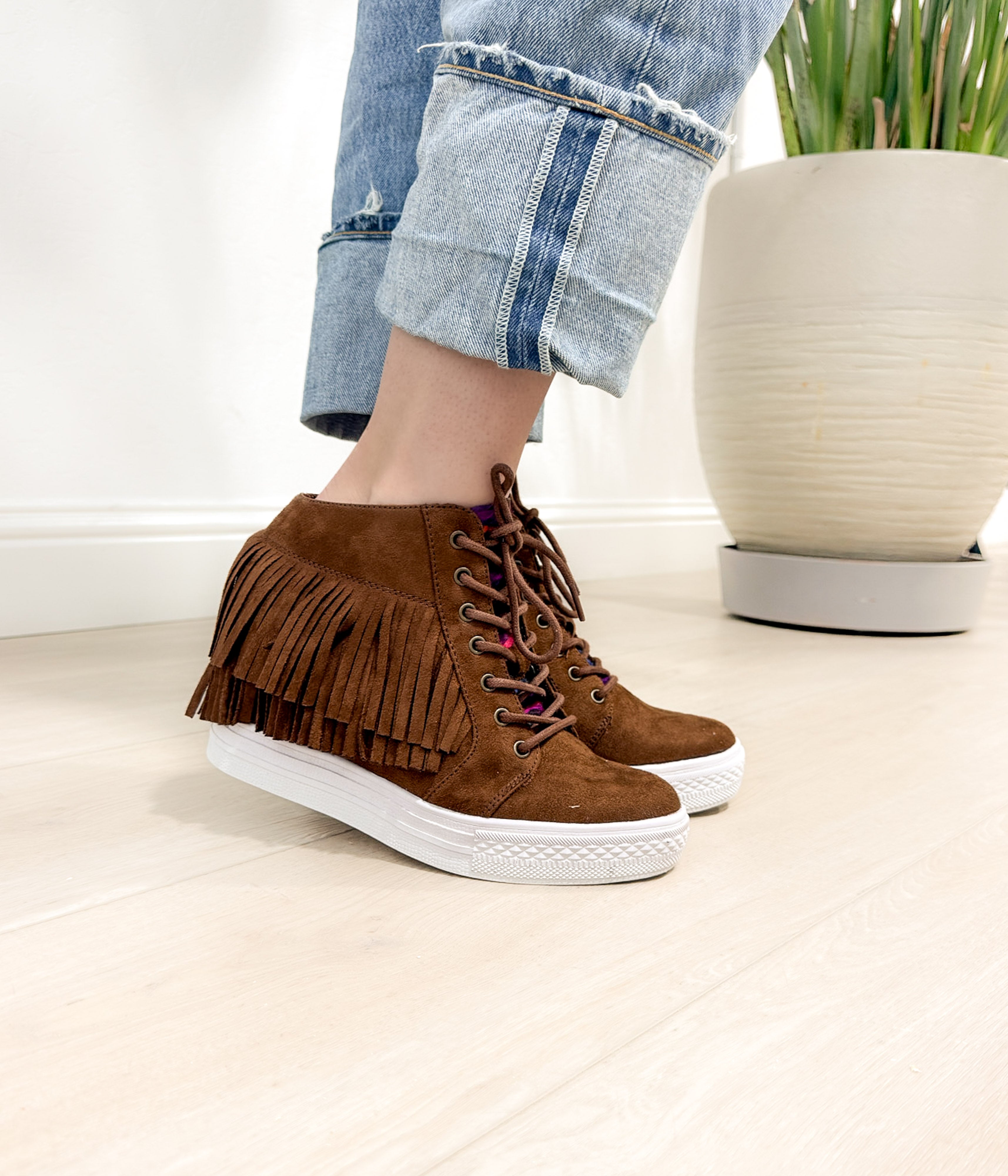 Nick Fringe Sneaker Wedge in Brown 120 Sneakers Naughty Monkey- Tilden Co.