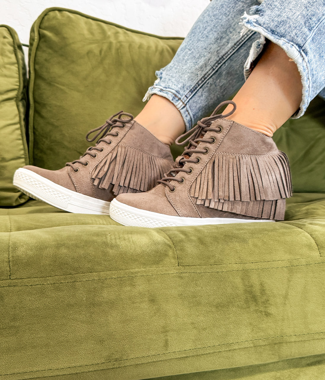 Nick Fringe Sneaker Wedge in Taupe 120 Sneakers Naughty Monkey- Tilden Co.