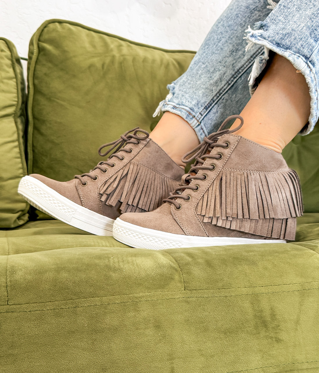 Nick Fringe Sneaker Wedge in Taupe 120 Sneakers Naughty Monkey- Tilden Co.