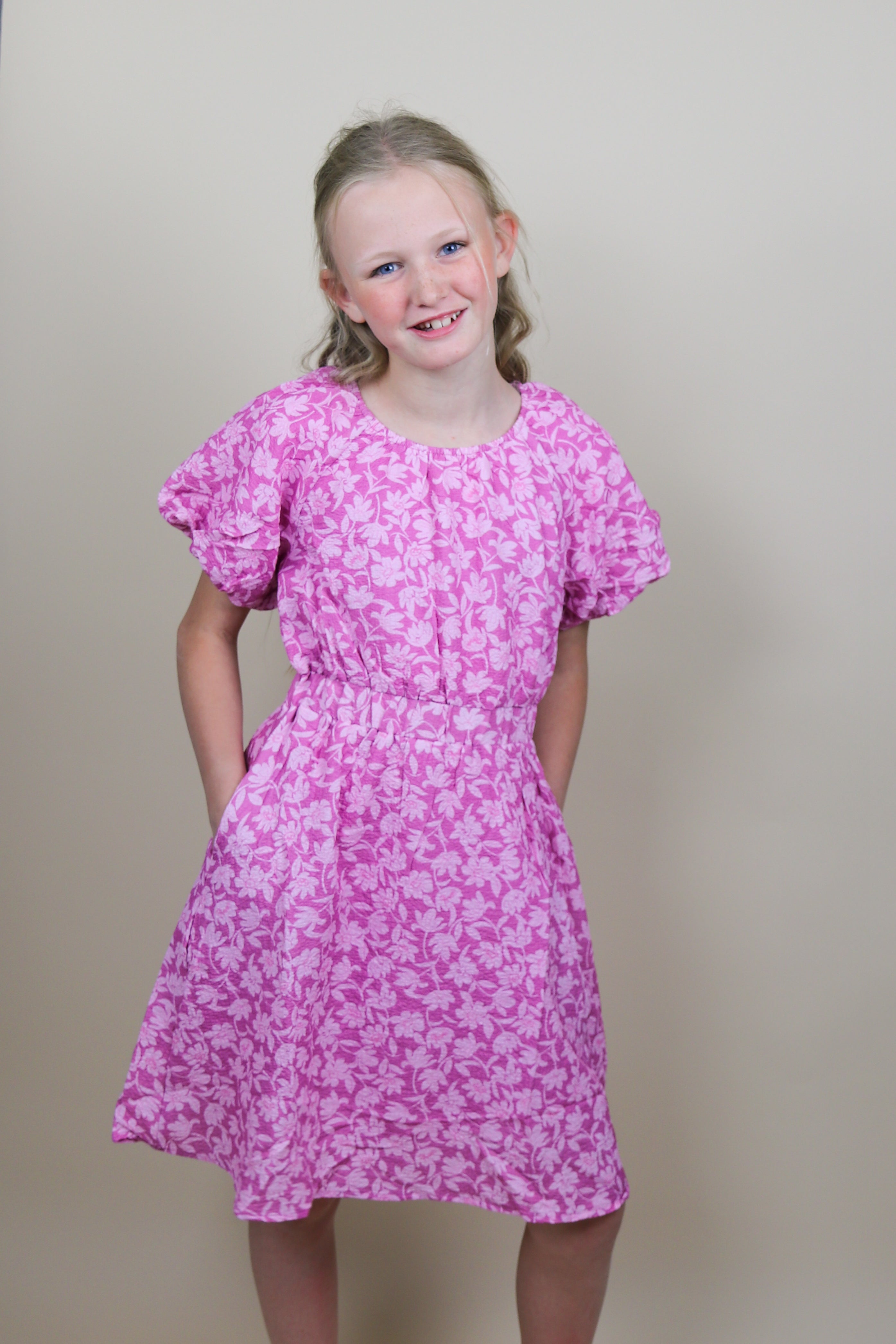 Girls Textured Floral Side Puff Sleeve Girl's Dress Hayden LA- Tilden Co.