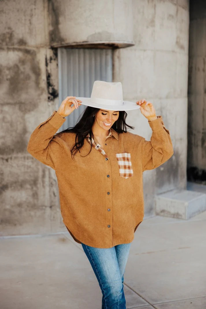 Plaid Pocket Shirt Jacket in Camel    Shacket Mikarose- Tilden Co.