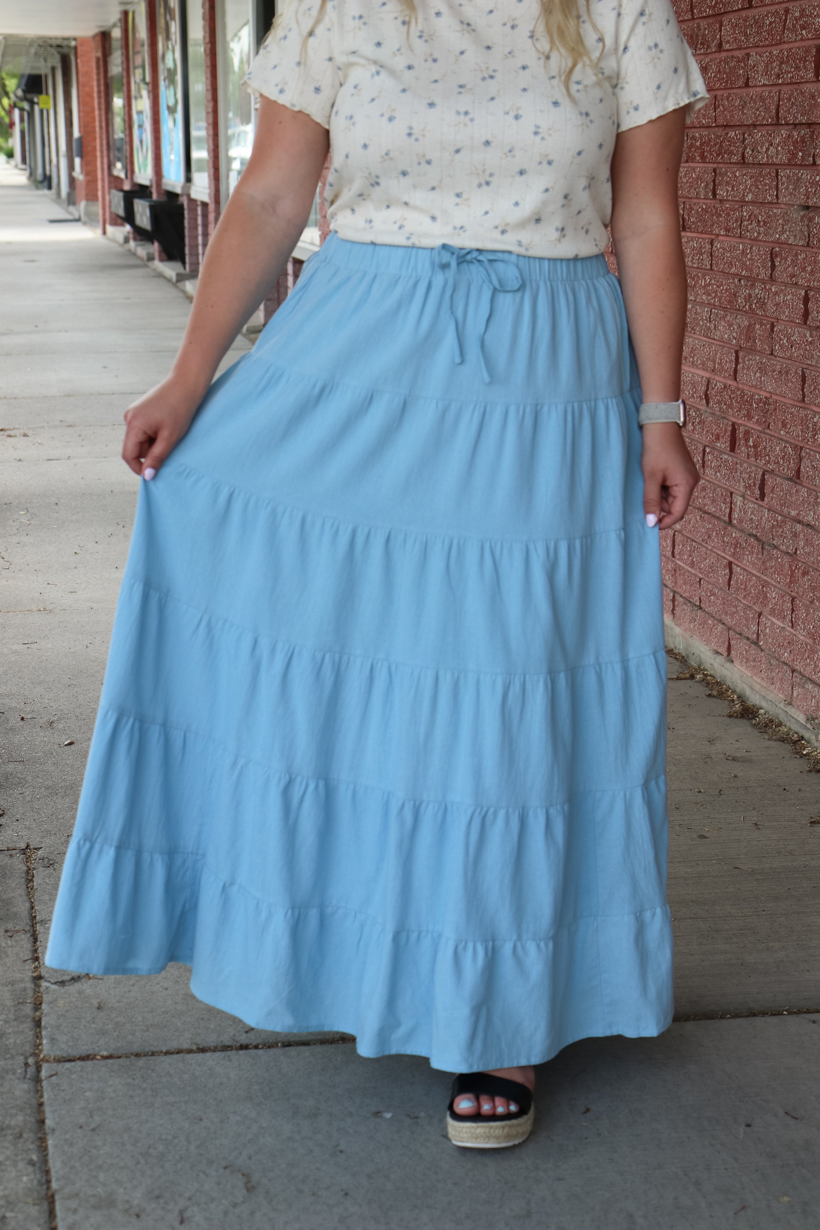 Drawstring Boho Skirt in Baby Blue Dress Mikarose- Tilden Co.