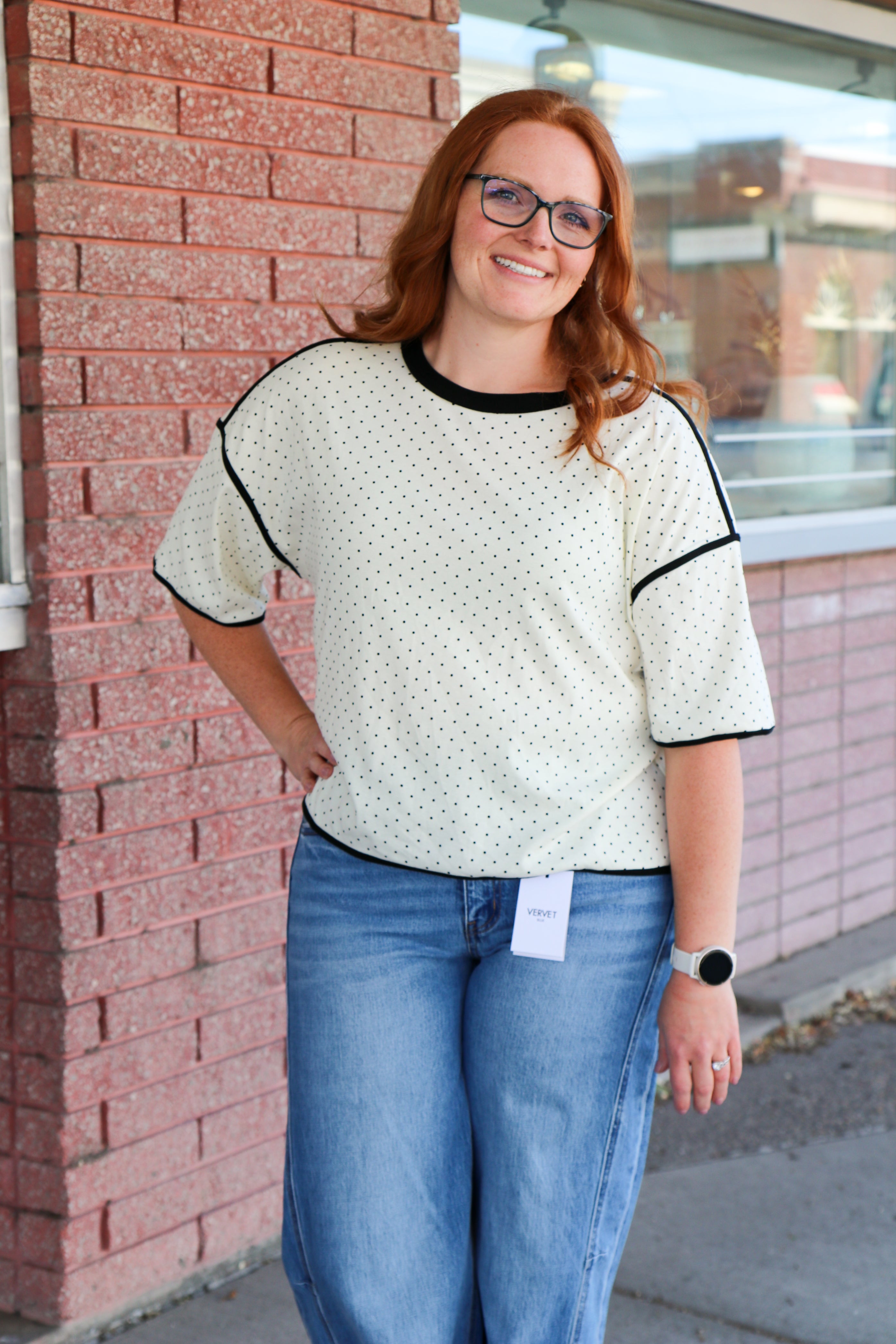 Polka Dot Contrast Trim Top T-Shirt Sewn and Seen- Tilden Co.