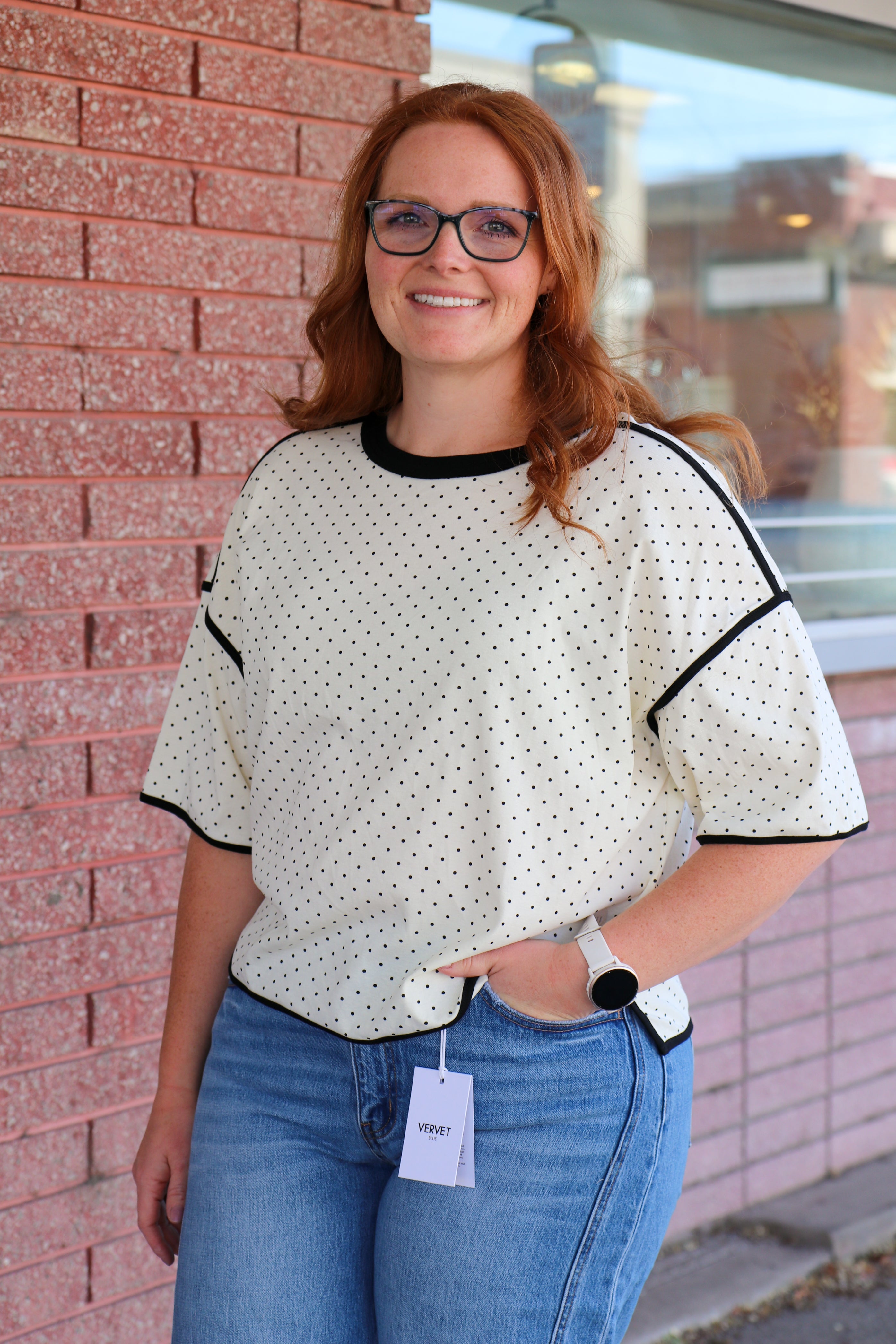 Polka Dot Contrast Trim Top T-Shirt Sewn and Seen- Tilden Co.