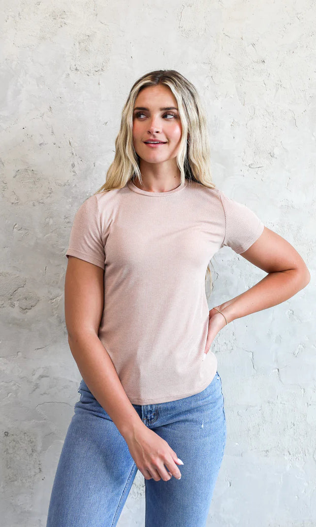 Short Sleeve Ribbed Tee in Oatmeal    Shirts & Tops Mikarose- Tilden Co.
