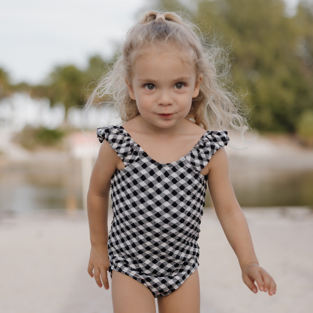 Puffy Sleeve One Piece Swimsuit (Girls) Black Textured Gingham / 2T Black Textured Gingham 2T One Piece Swimsuit Janela Bay- Tilden Co.