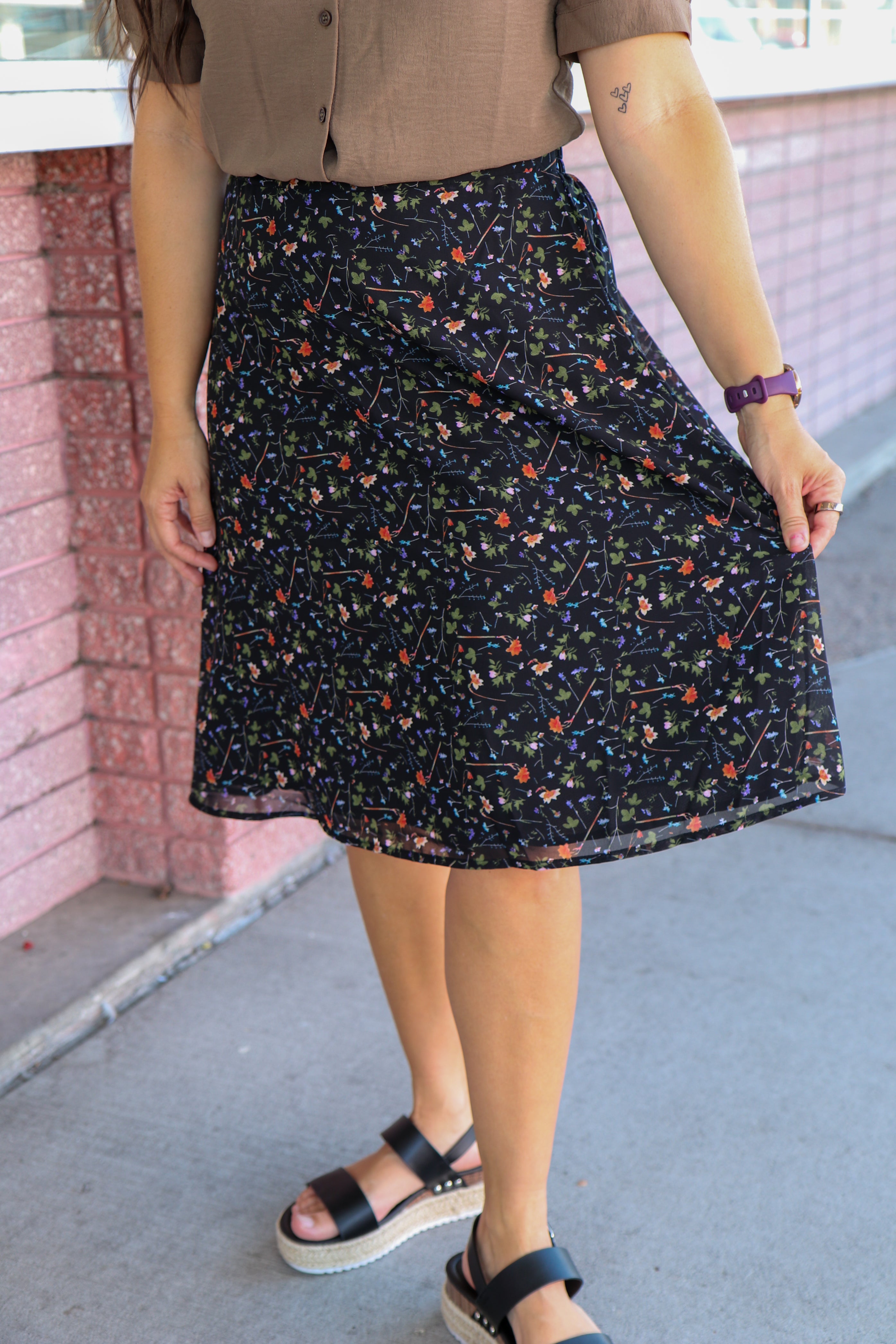 Midi Slip Skirt in Blackfern Knee Length Skirt Mikarose- Tilden Co.