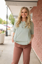 Sage Top with Henley Button Placket    Henley Top BomBom- Tilden Co.