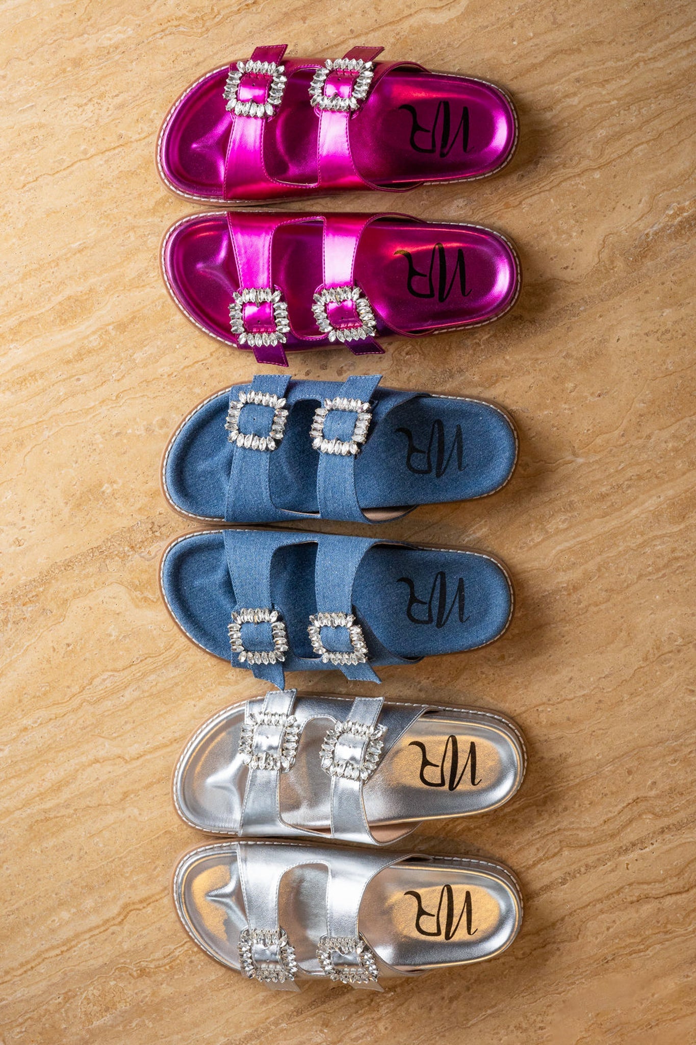 Stellar Rhinestone Buckle Slides in Fuschia 130 Sandals Naughty Monkey- Tilden Co.