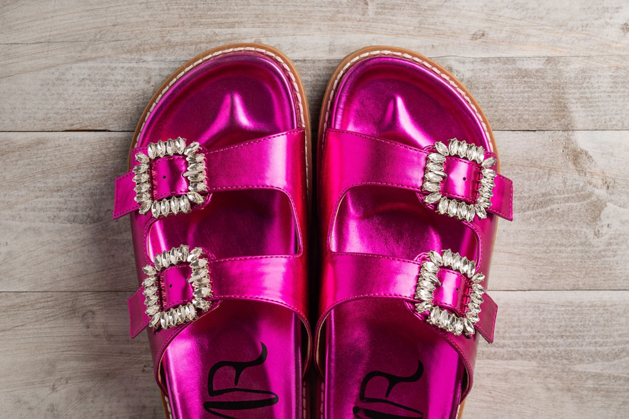 Stellar Rhinestone Buckle Slides in Fuschia 130 Sandals Naughty Monkey- Tilden Co.