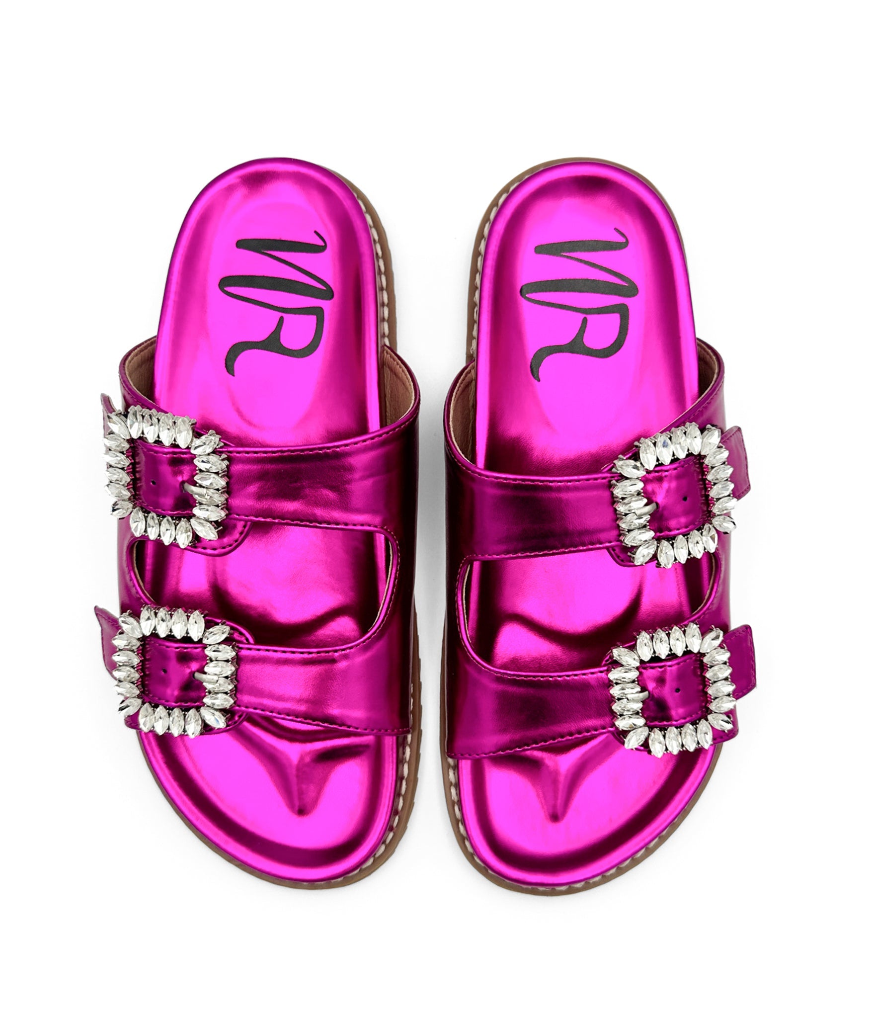 Stellar Rhinestone Buckle Slides in Fuschia 130 Sandals Naughty Monkey- Tilden Co.