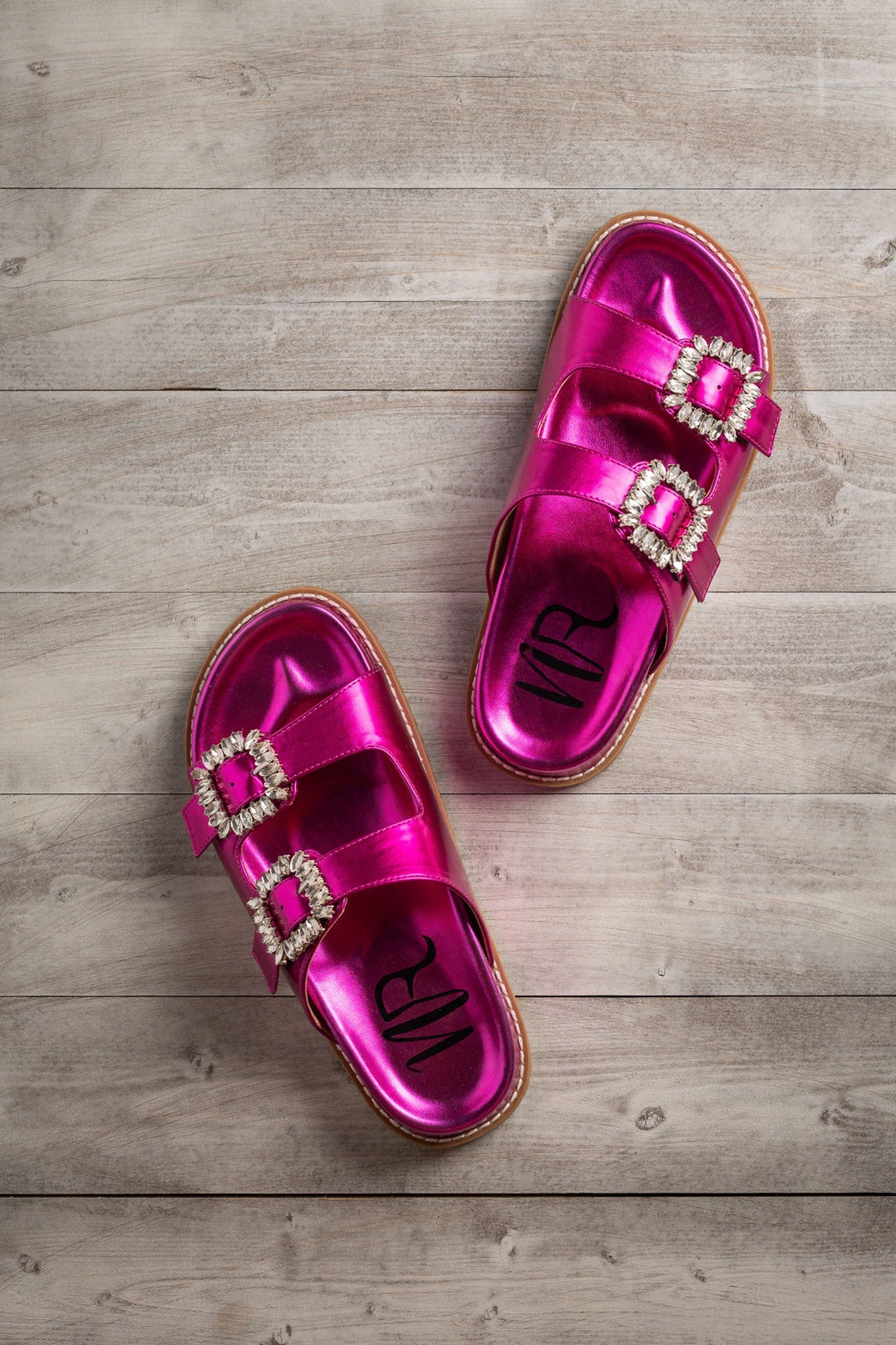 Stellar Rhinestone Buckle Slides in Fuschia 130 Sandals Naughty Monkey- Tilden Co.