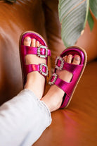 Stellar Rhinestone Buckle Slides in Fuschia 130 Sandals Naughty Monkey- Tilden Co.
