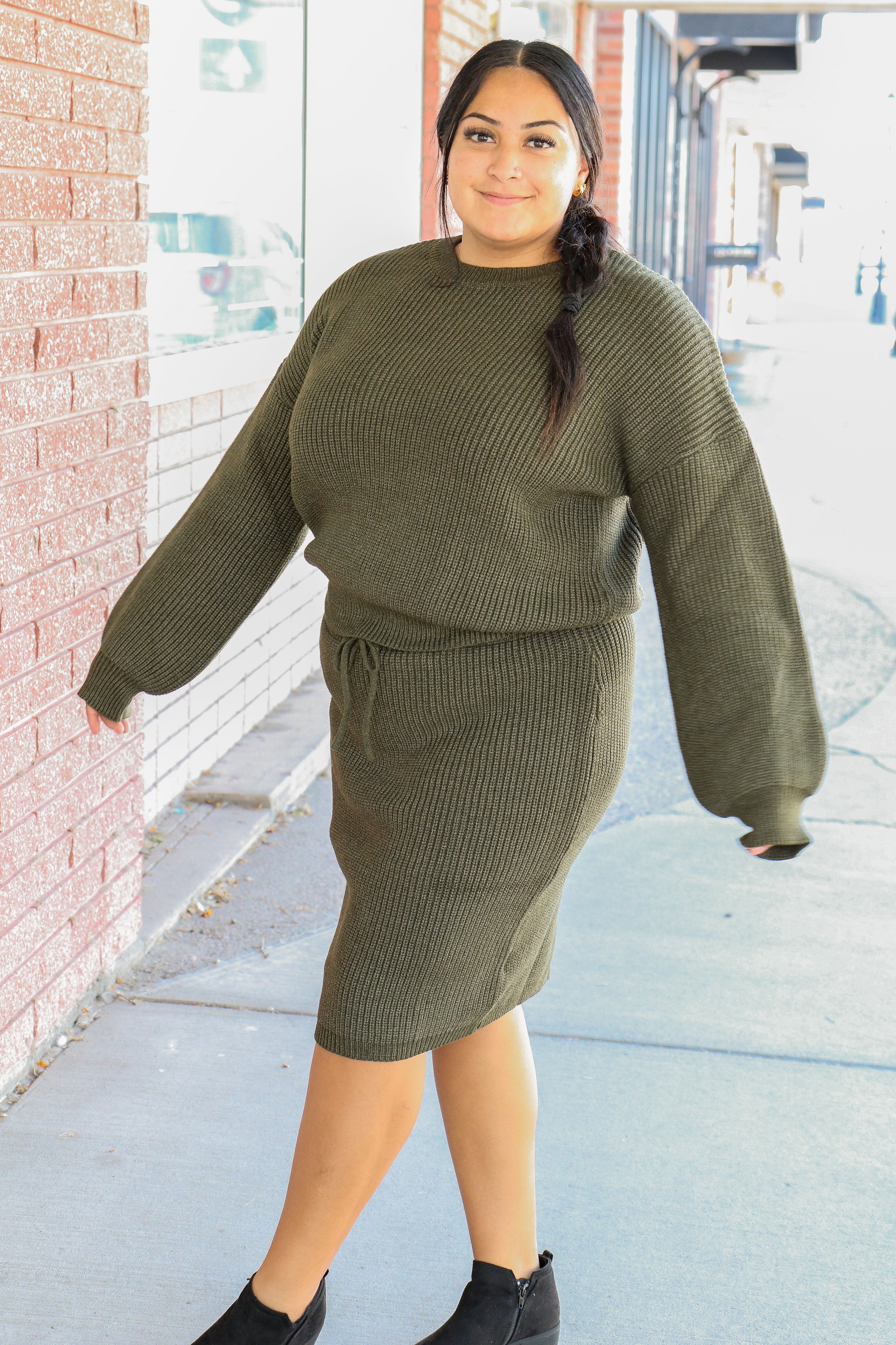 Sweater Skirt in Satin Moss    knee length skirt Mikarose- Tilden Co.