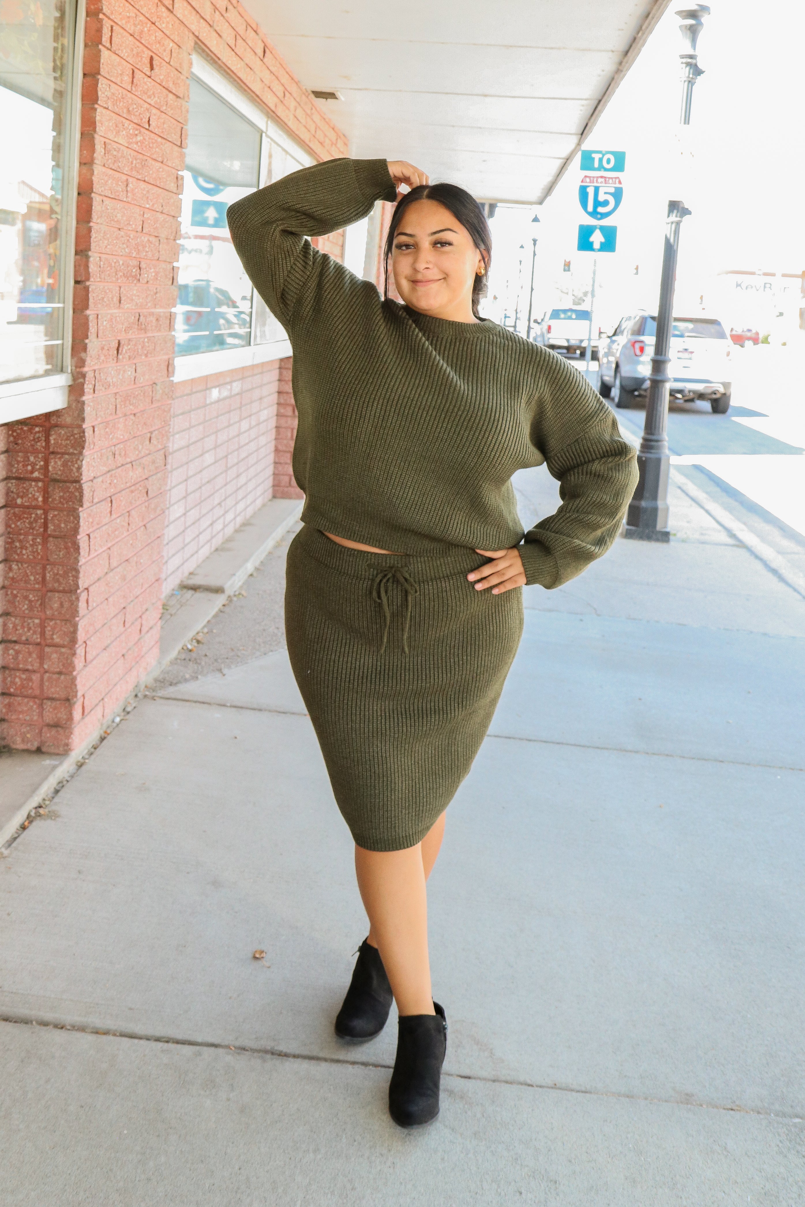 Sweater Skirt in Satin Moss    knee length skirt Mikarose- Tilden Co.