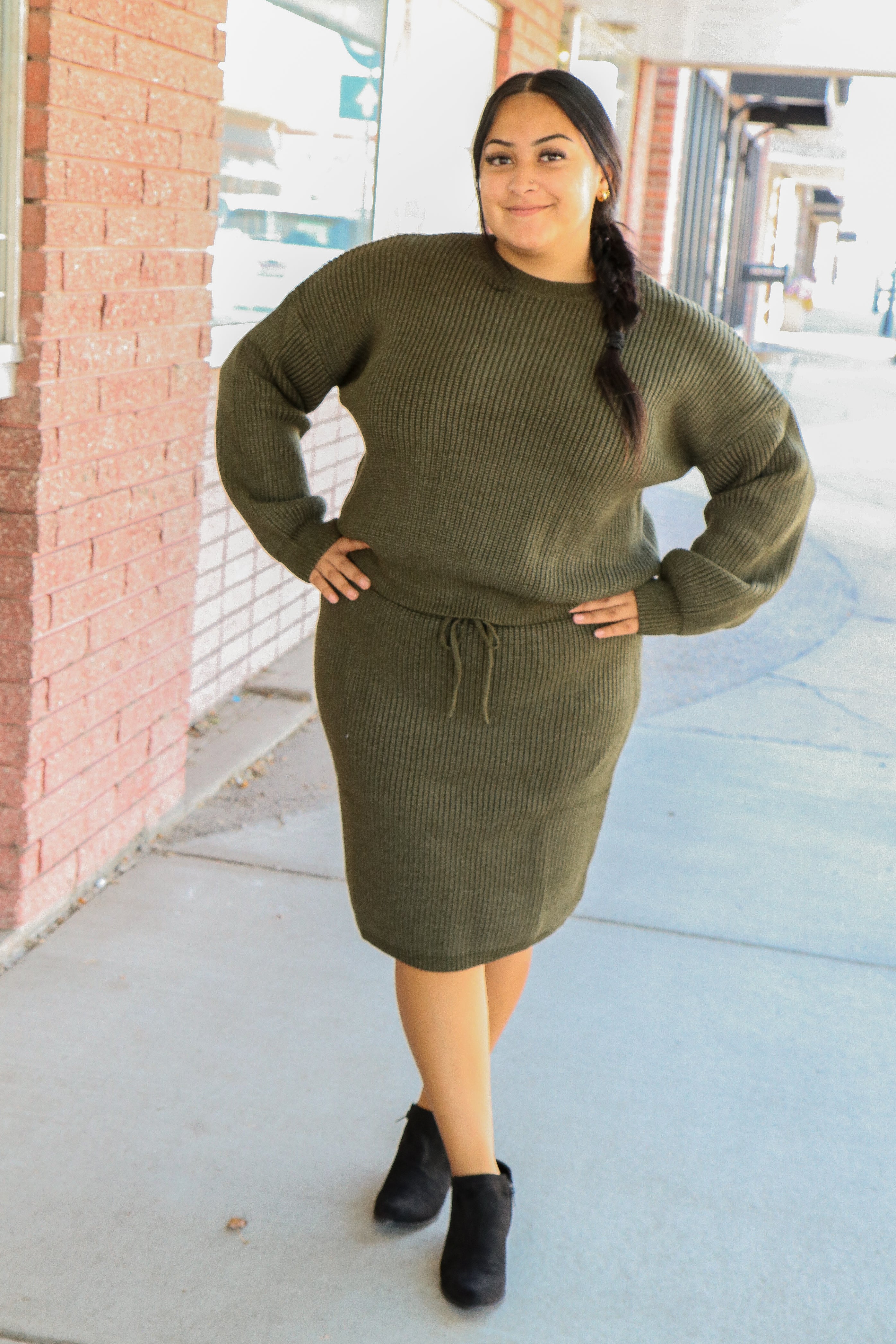 Sweater Skirt in Satin Moss    knee length skirt Mikarose- Tilden Co.