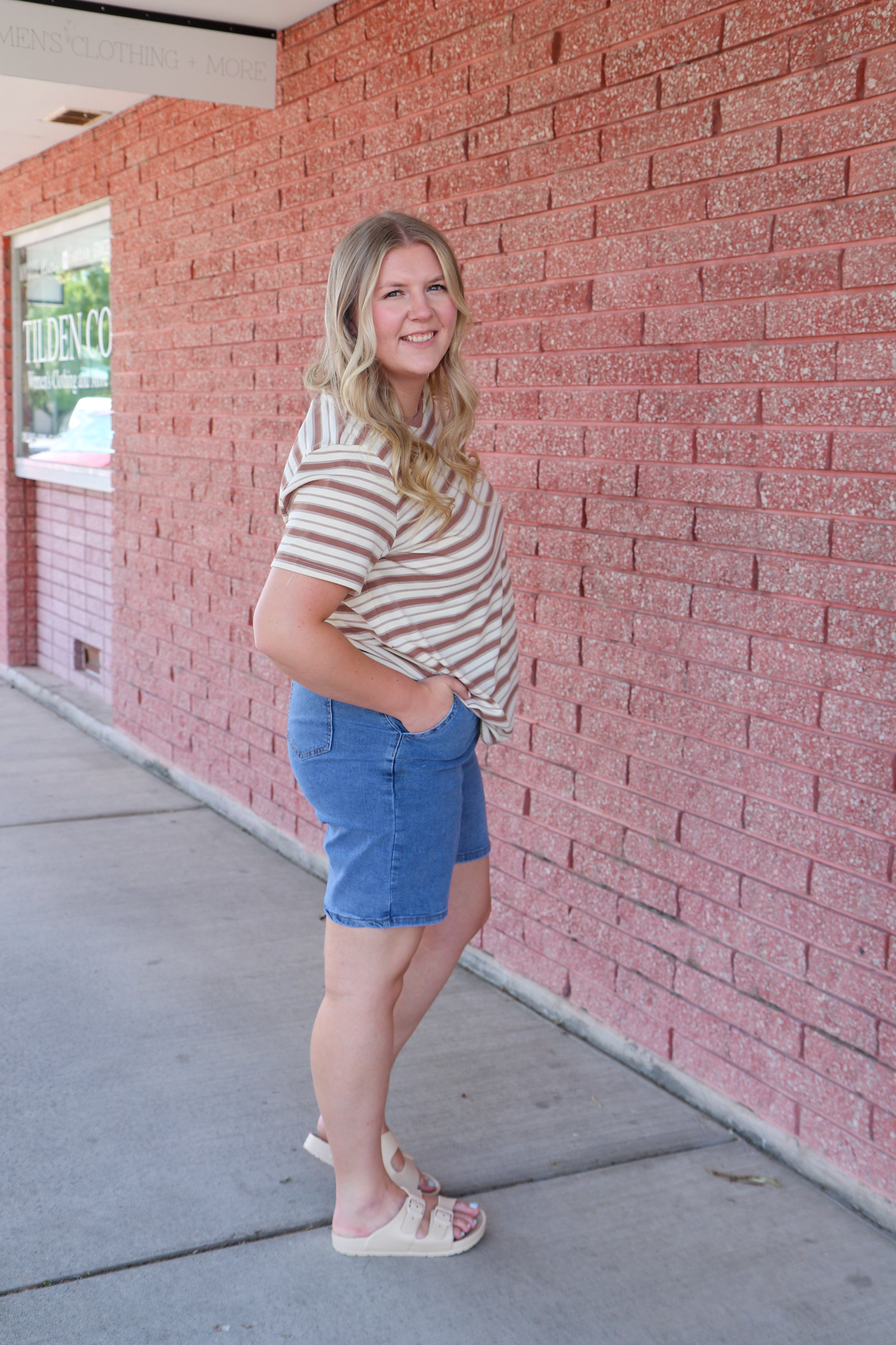 Taupe & Ivory Striped T-Shirt Short Sleeve Top Tea n Rose- Tilden Co.