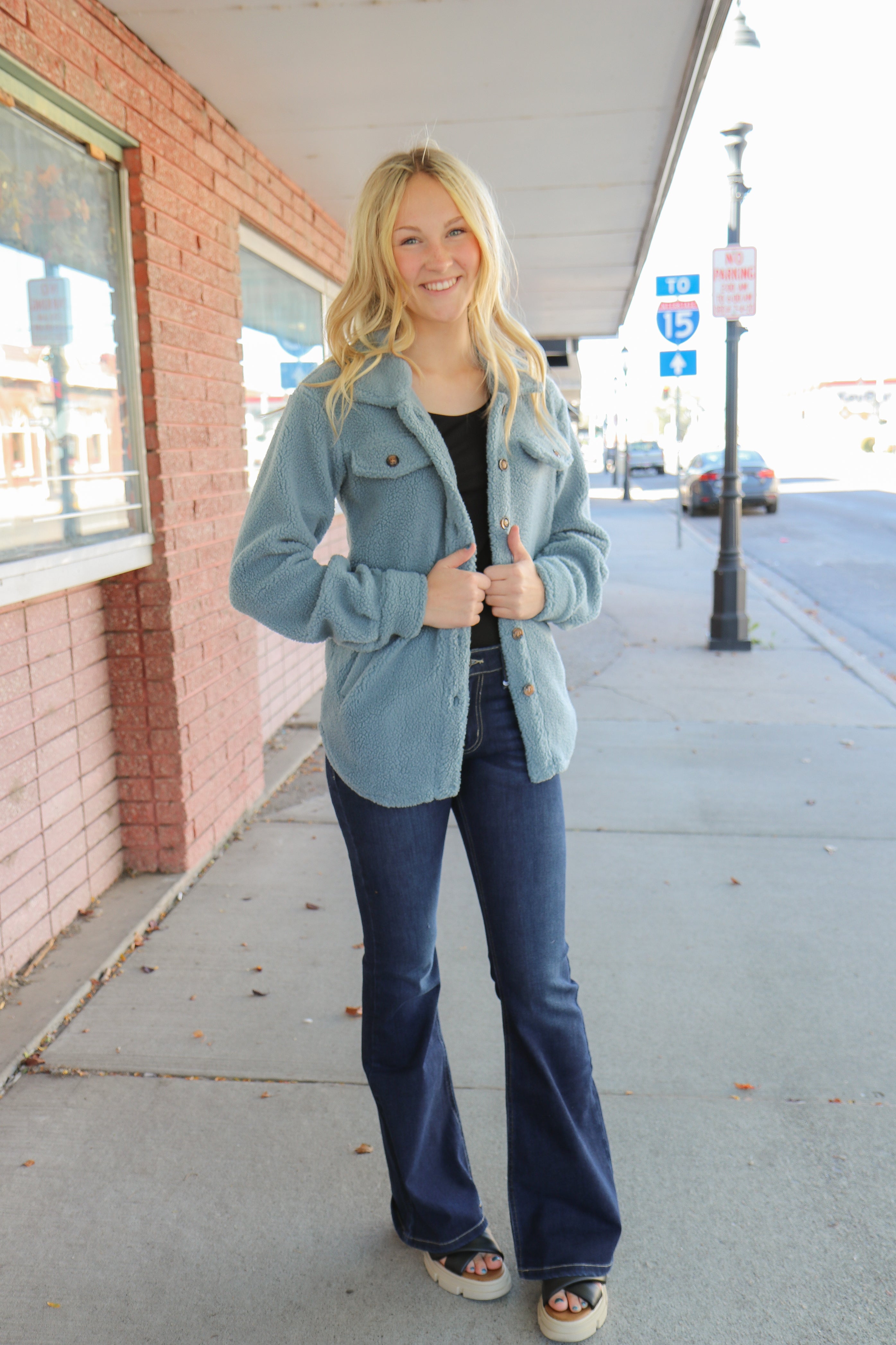 Teddy Sherpa Jacket in Baby Blue    Shacket Mikarose- Tilden Co.