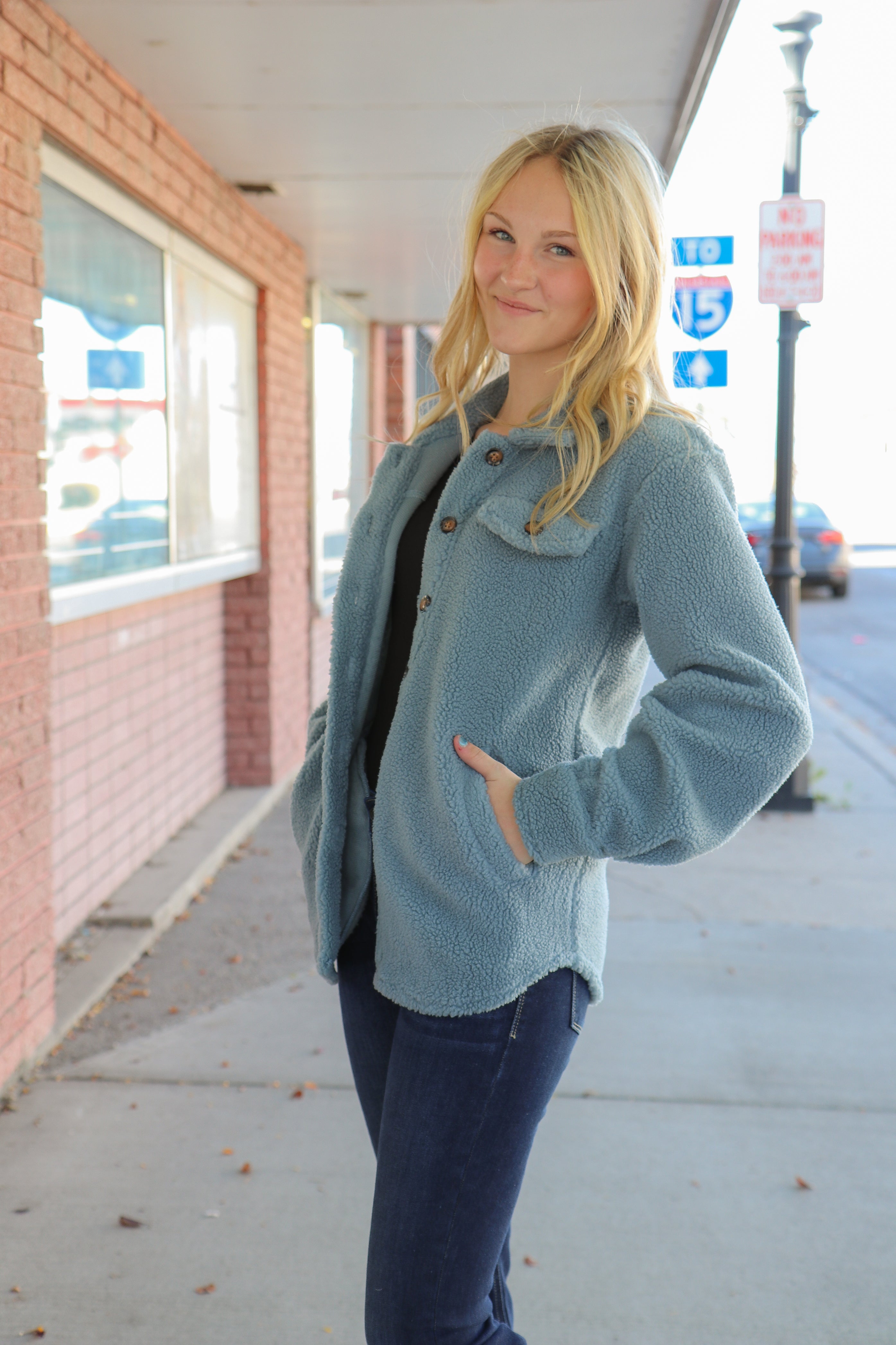 Teddy Sherpa Jacket in Baby Blue    Shacket Mikarose- Tilden Co.