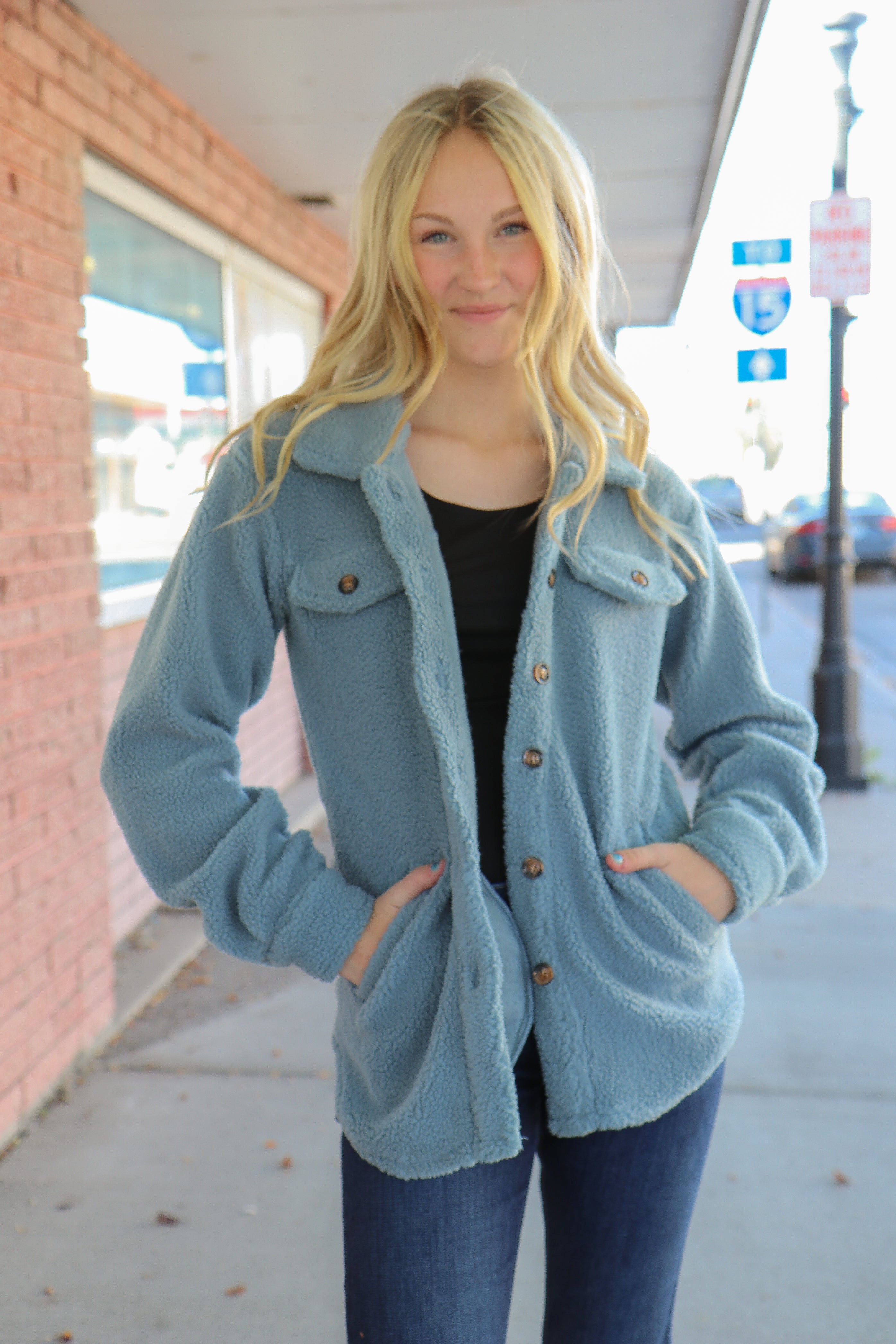 Teddy Sherpa Jacket in Baby Blue    Shacket Mikarose- Tilden Co.