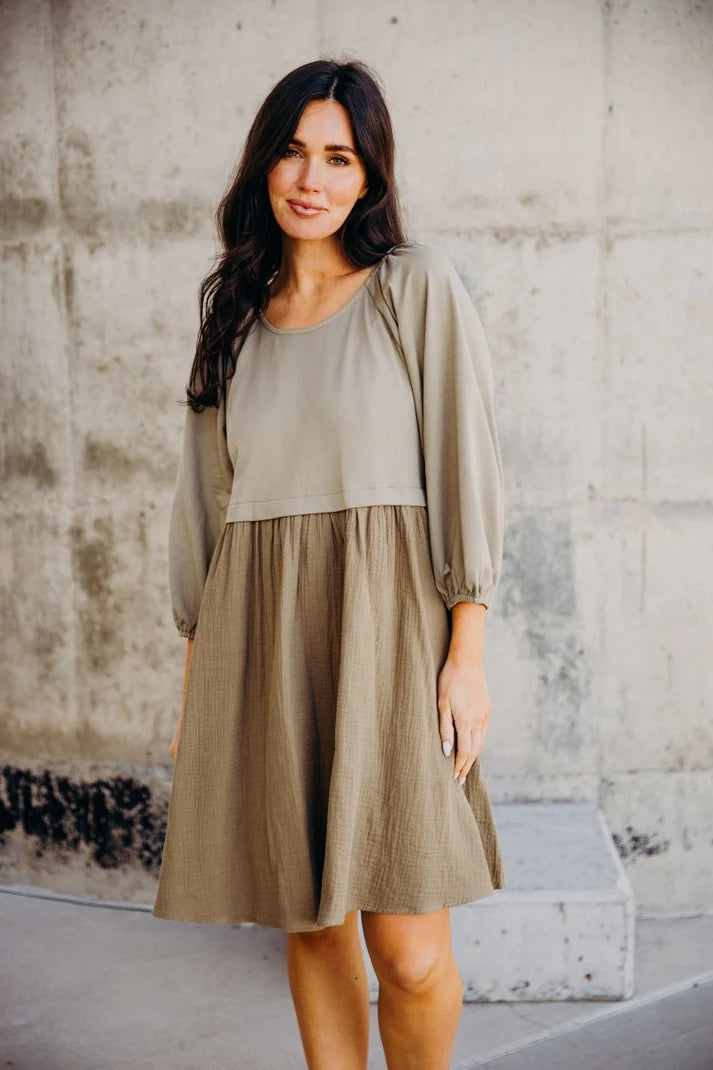 Dawn Dress in Dusty Olive    Knee Length Dress Mikarose- Tilden Co.