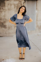 The Margaret Dress in Frosty Sapphire    Midi Dress Mikarose- Tilden Co.