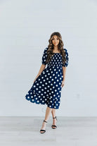 The Royal in Midnight Dottie    Midi Dress Mikarose- Tilden Co.