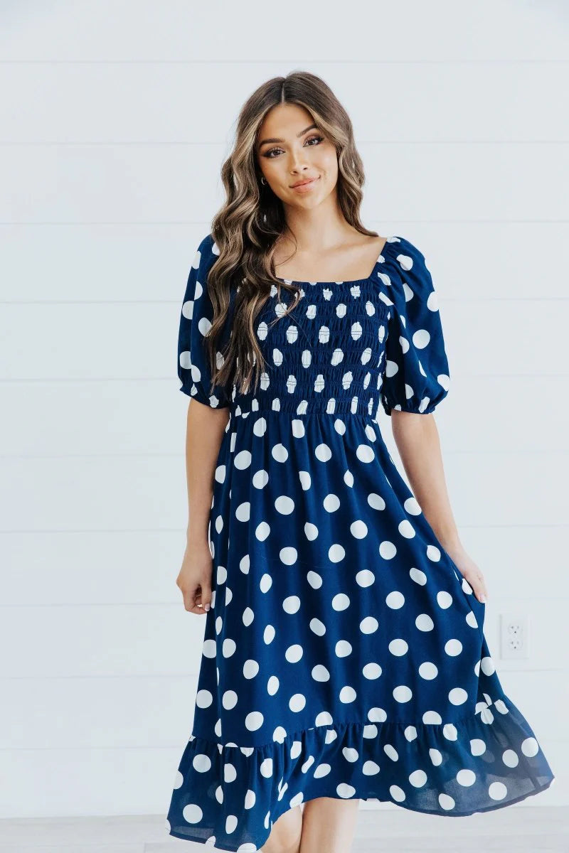 The Royal in Midnight Dottie    Midi Dress Mikarose- Tilden Co.