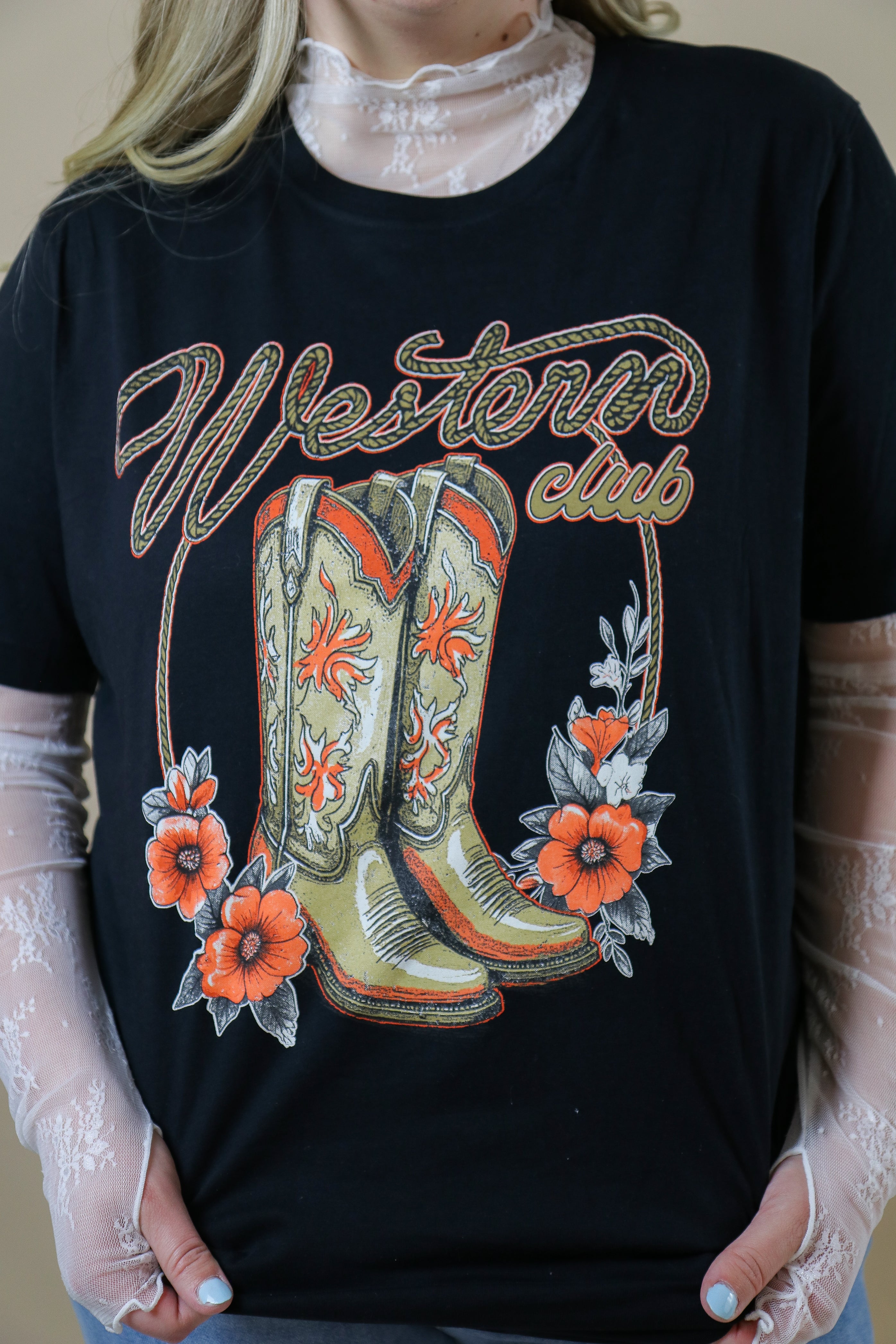 Western Club Flower Boots Graphic T-Shirt Graphic T-Shirt Rustee Clothing- Tilden Co.