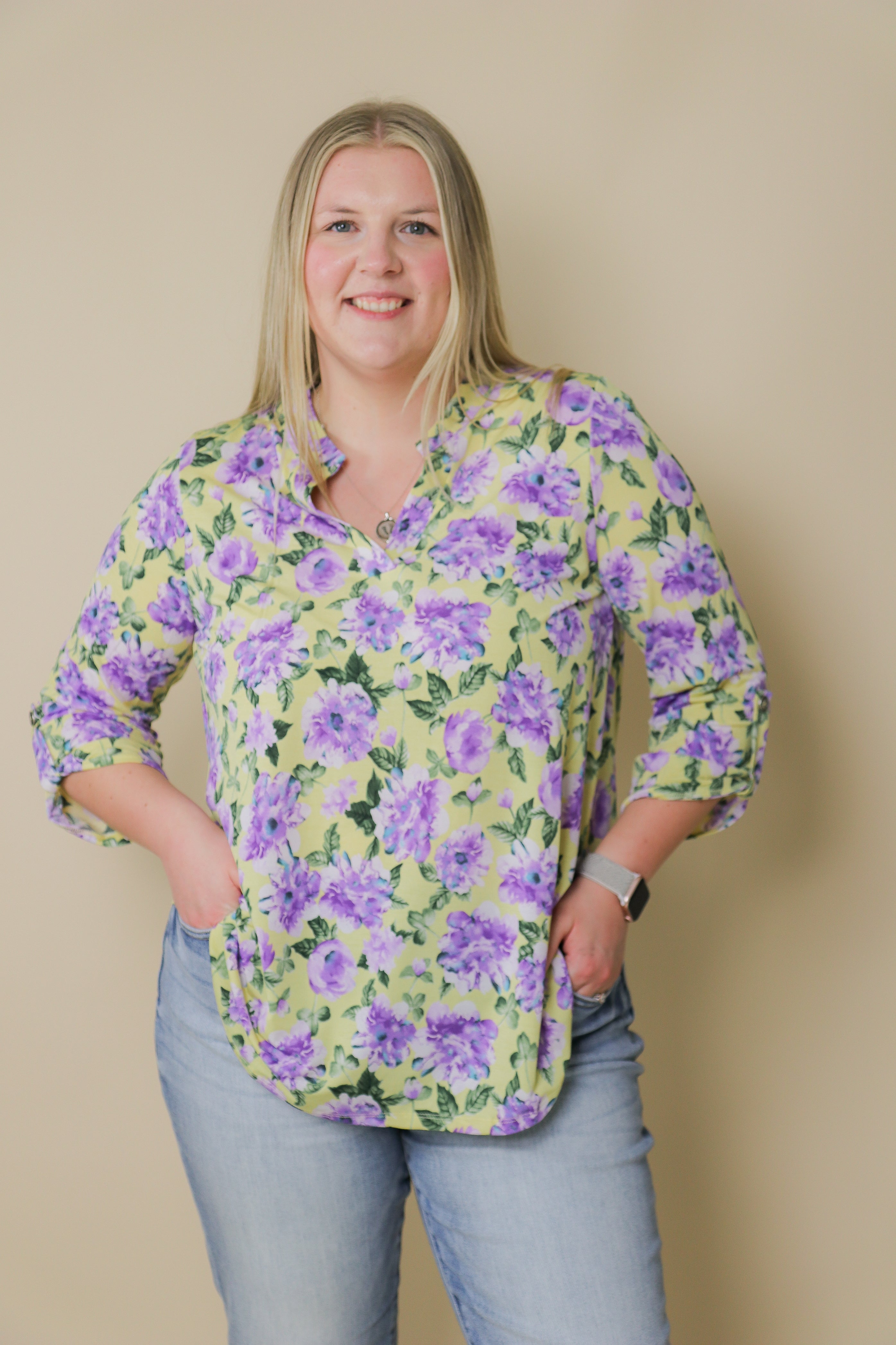3/4 Sleeve Lizzy Blouse - Purple Floral Blouse Dear Scarlett- Tilden Co.