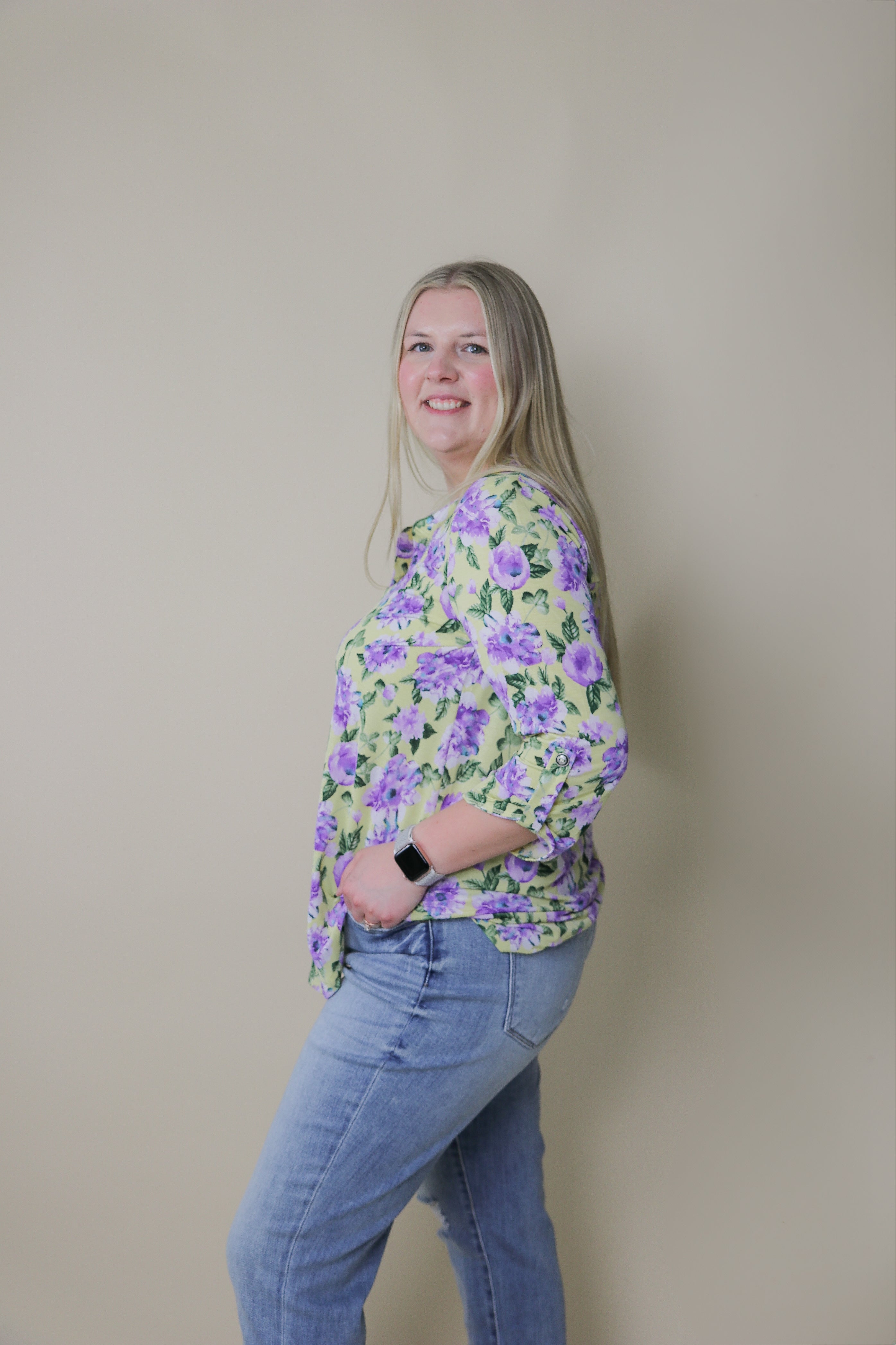 3/4 Sleeve Lizzy Blouse - Purple Floral Blouse Dear Scarlett- Tilden Co.