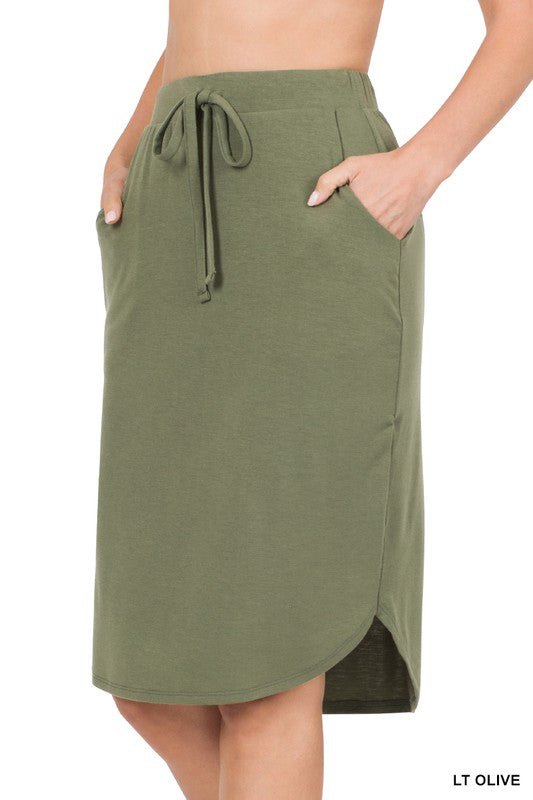 Tulip Hem Skirt With Side Pockets - Light Olive    Skirt Zenana- Tilden Co.