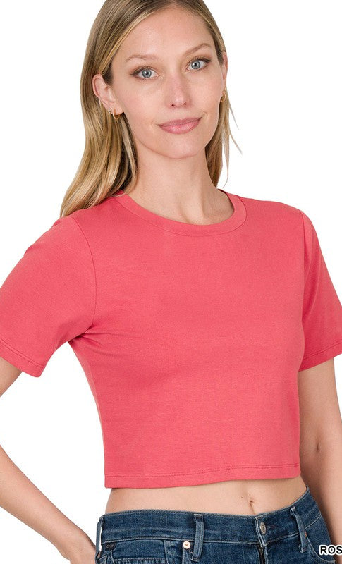 Basic Short Sleeve Round Neck Cropped T-Shirt - Rose    Shirts & Tops Zenana- Tilden Co.