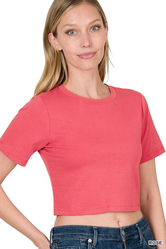 Basic Short Sleeve Round Neck Cropped T-Shirt - Rose    Shirts & Tops Zenana- Tilden Co.