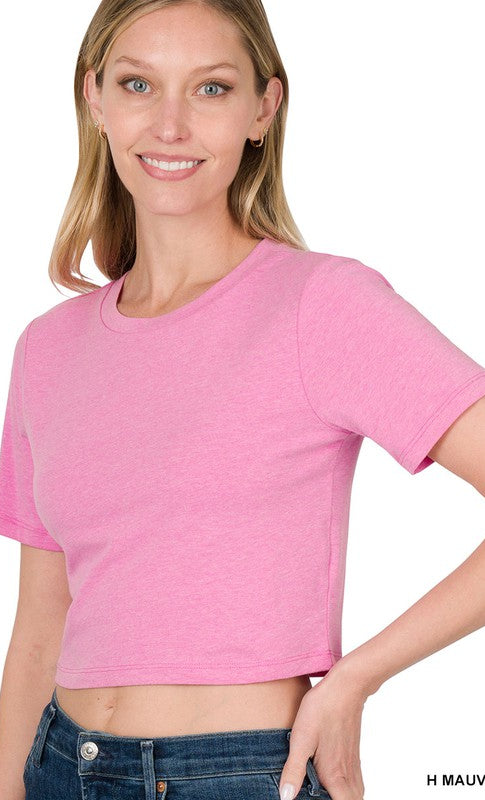Basic Short Sleeve Round Neck Cropped T-Shirt - Heather Mauve    Shirts & Tops Zenana- Tilden Co.