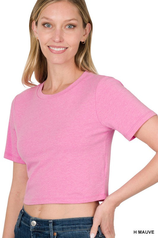 Basic Short Sleeve Round Neck Cropped T-Shirt - Heather Mauve    Shirts & Tops Zenana- Tilden Co.
