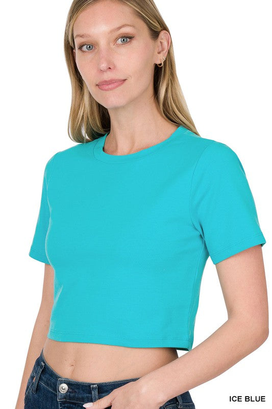 Basic Short Sleeve Round Neck Cropped T-Shirt - Ice Blue    Shirts & Tops Zenana- Tilden Co.