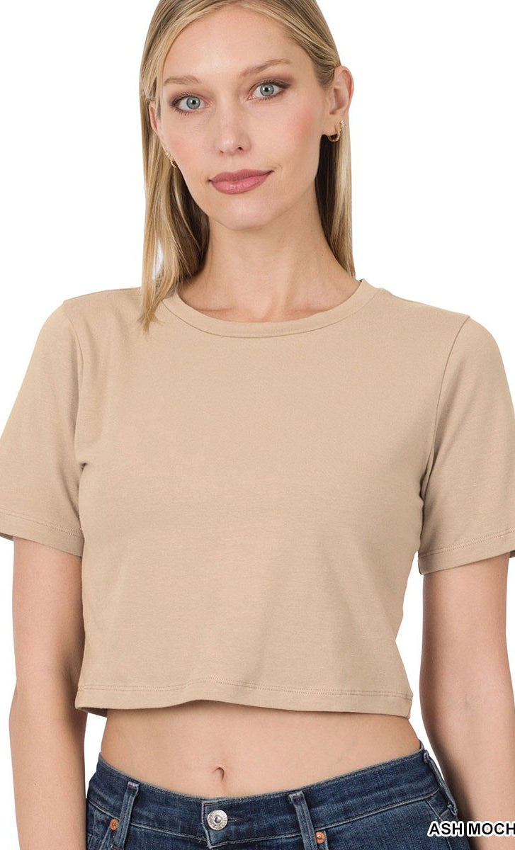 Basic Short Sleeve Round Neck Cropped T-Shirt - Ash Mocha    Shirts & Tops Zenana- Tilden Co.