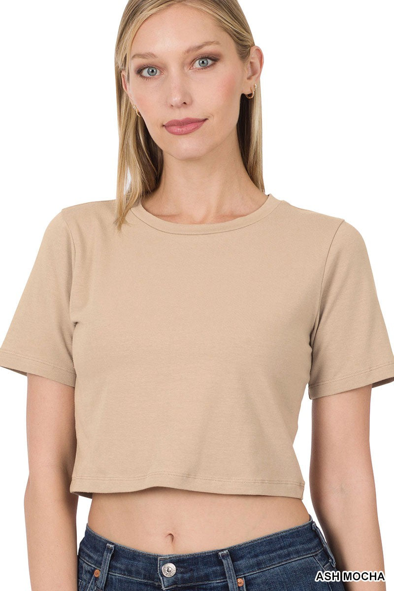 Basic Short Sleeve Round Neck Cropped T-Shirt - Ash Mocha    Shirts & Tops Zenana- Tilden Co.