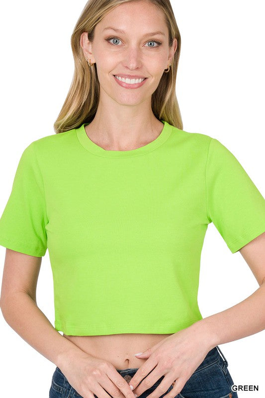 Basic Short Sleeve Round Neck Cropped T-Shirt - Green    Shirts & Tops Zenana- Tilden Co.