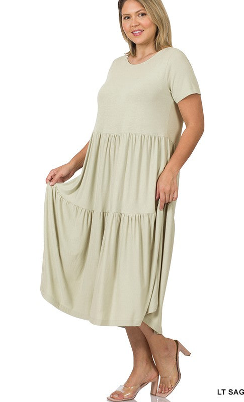 Dora Short Sleeve Knit Dress in Lt Sage - Plus Size    Dress Zenana- Tilden Co.