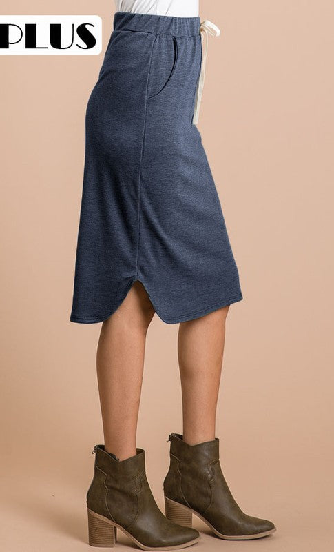 Elastic Waist Solid Midi Skirt - Plus Size    Skirt 7th Ray- Tilden Co.